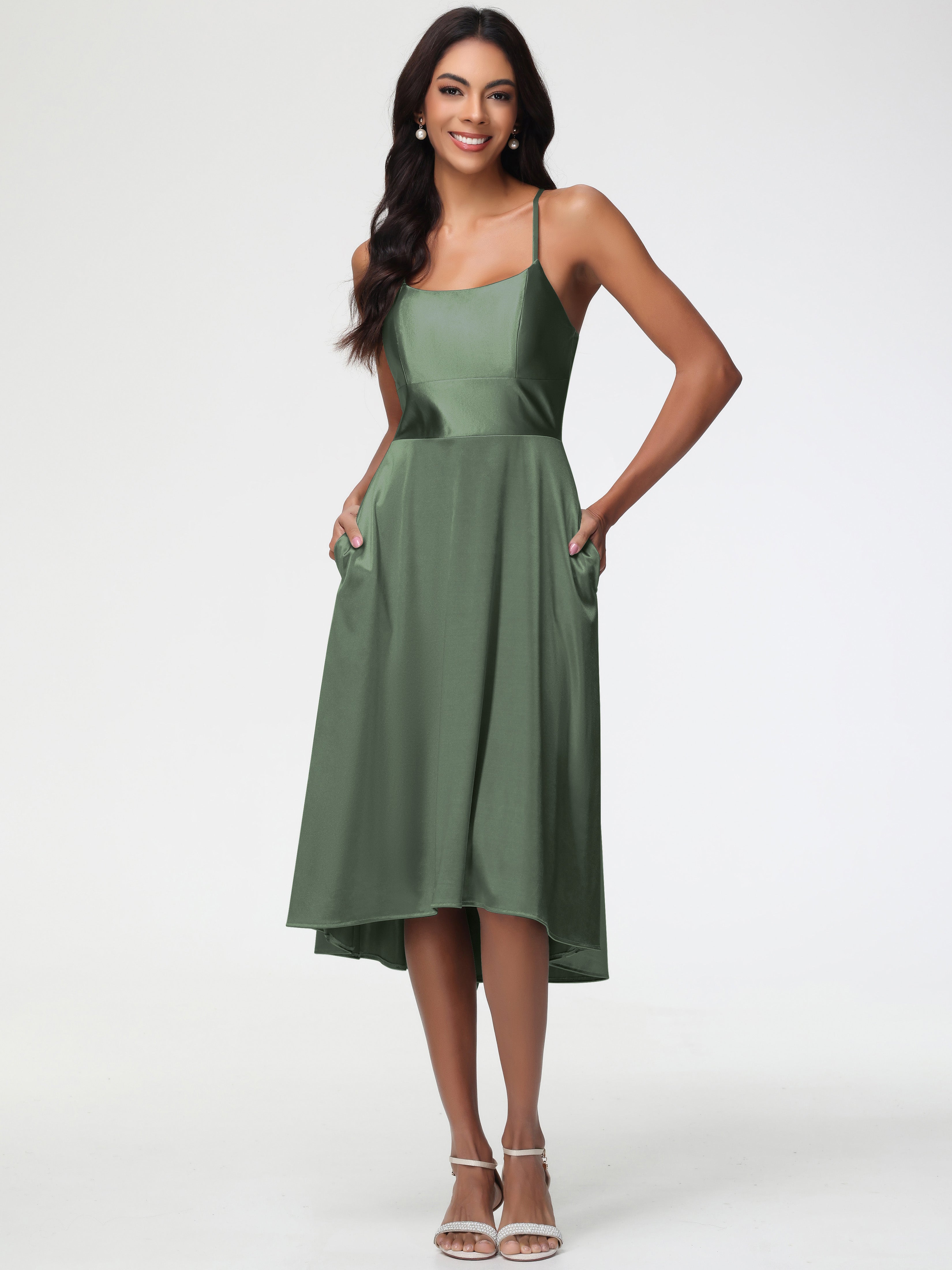 Olive Green Midi Formal Dress Minimalist A Line Spaghetti Straps Sleeveless Stretch Satin Formal Dress Olive Green Midi Formal Dress Minimalist A Line Spaghetti Straps Sleeveless Stretch Satin Formal Dress