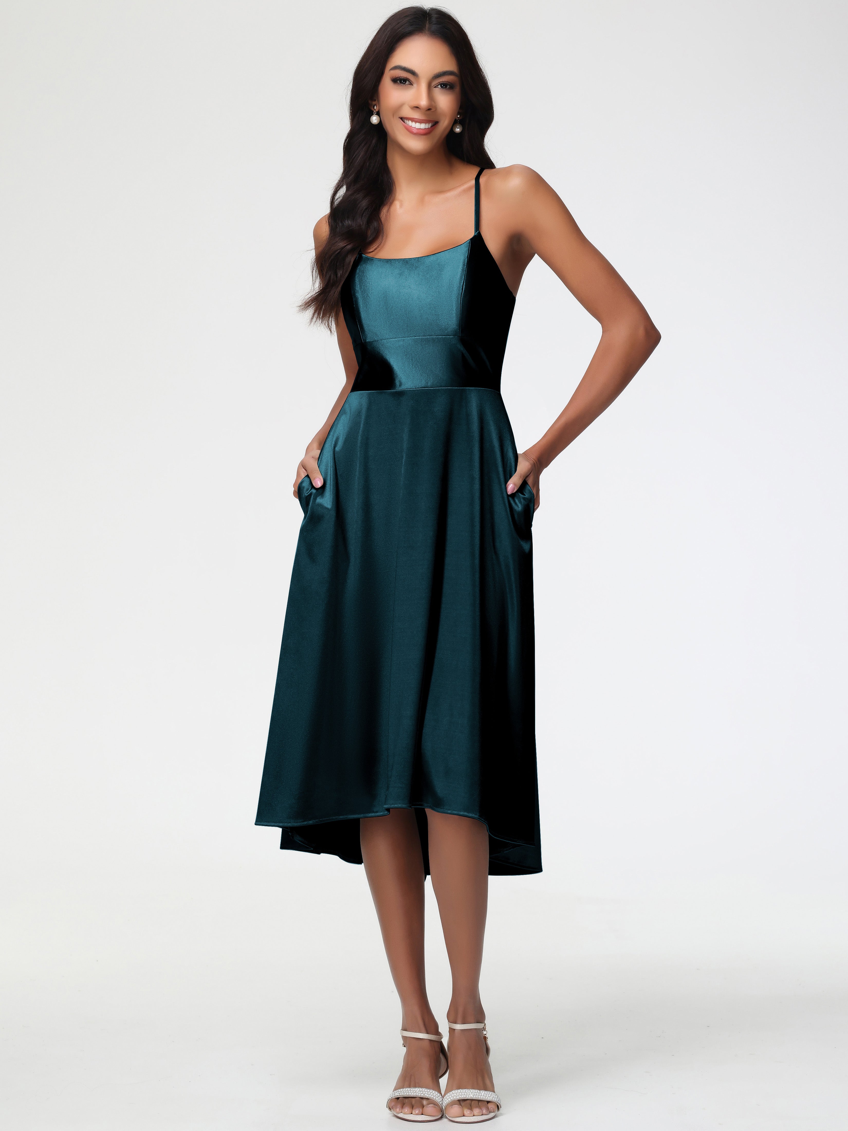 Peacock Prom Dresses Minimalist A Line Spaghetti Straps Sleeveless Stretch Satin Prom Dress Peacock Prom Dresses Minimalist A Line Spaghetti Straps Sleeveless Stretch Satin Prom Dress
