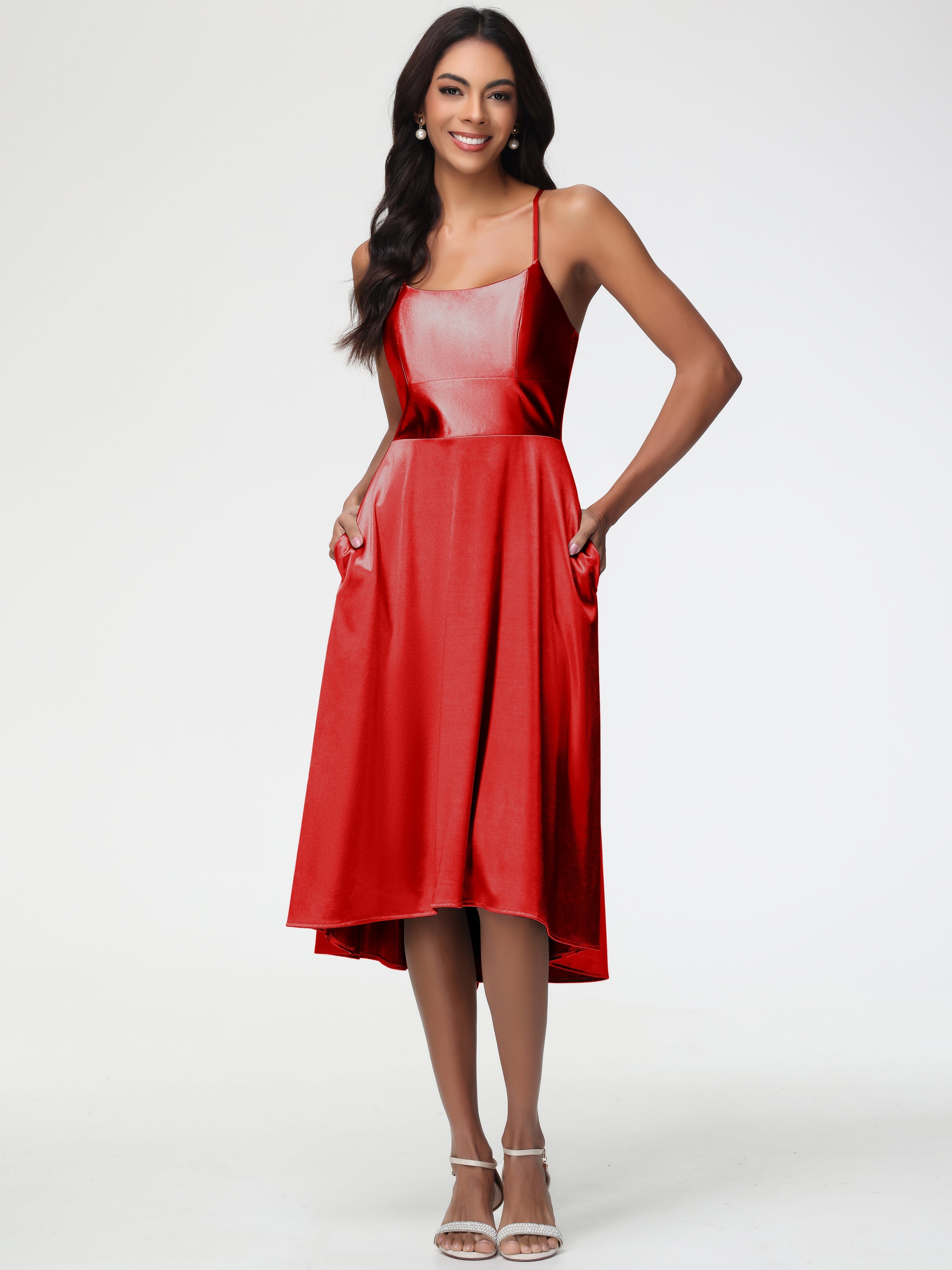 Red Formal Dresses Minimalist A Line Spaghetti Straps Sleeveless Stretch Satin Formal Dress Red Formal Dresses Minimalist A Line Spaghetti Straps Sleeveless Stretch Satin Formal Dress
