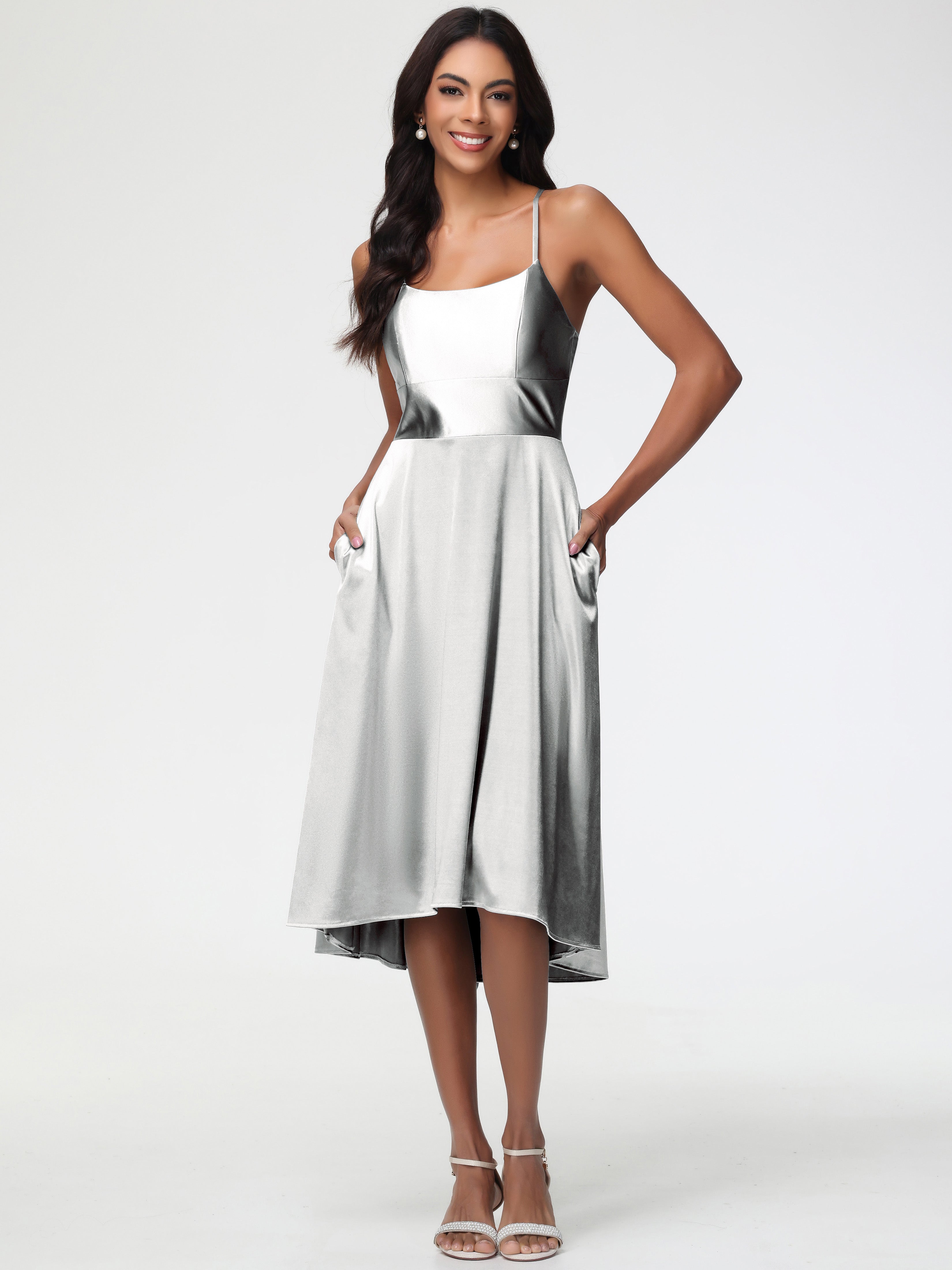 Silver Formal Dress Minimalist A Line Spaghetti Straps Sleeveless Stretch Satin Formal Dress Silver Formal Dress Minimalist A Line Spaghetti Straps Sleeveless Stretch Satin Formal Dress