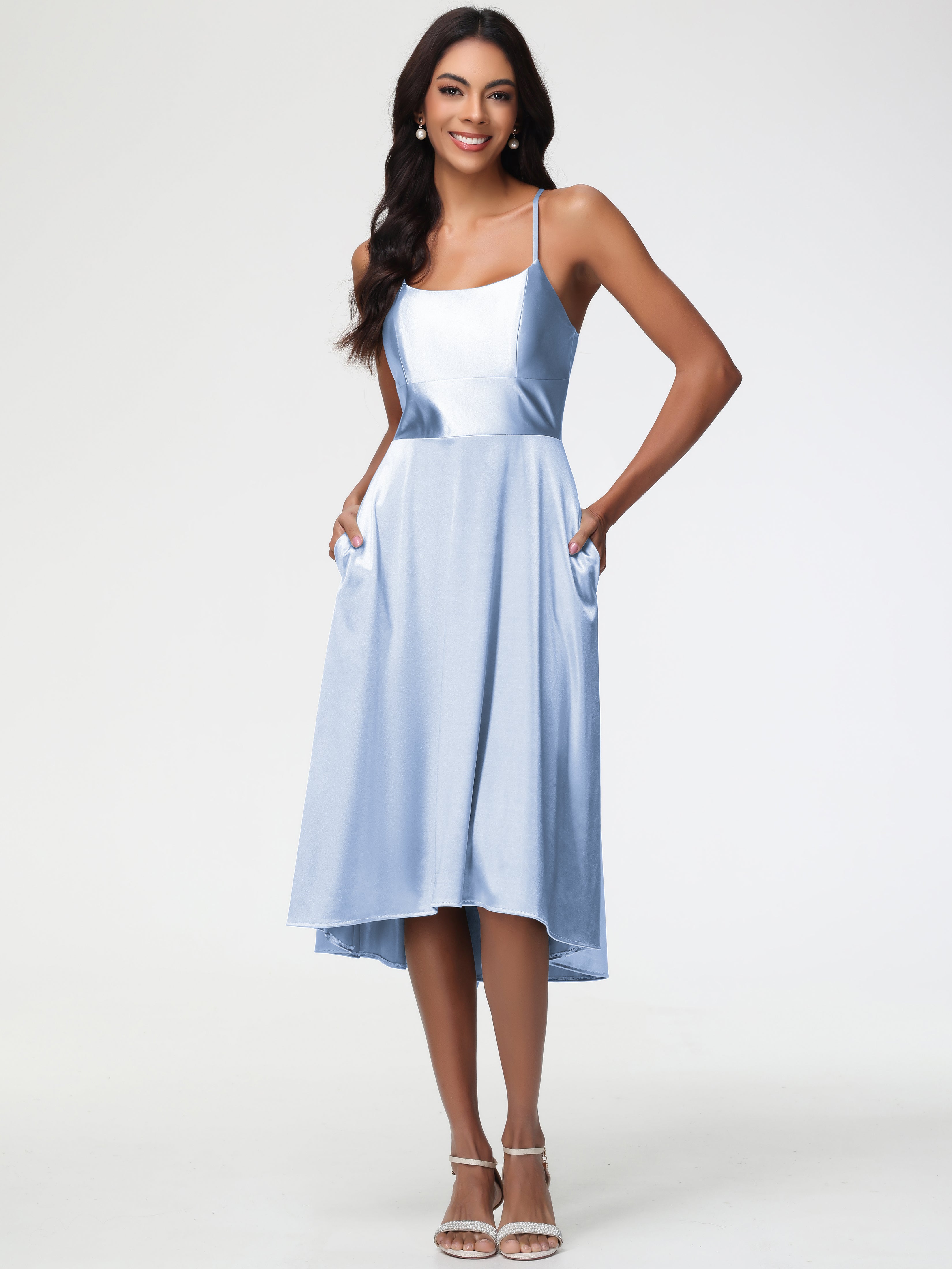 Short Sky Blue Formal Dresses Minimalist A Line Spaghetti Straps Sleeveless Stretch Satin Formal Dress Short Sky Blue Formal Dresses Minimalist A Line Spaghetti Straps Sleeveless Stretch Satin Formal Dress