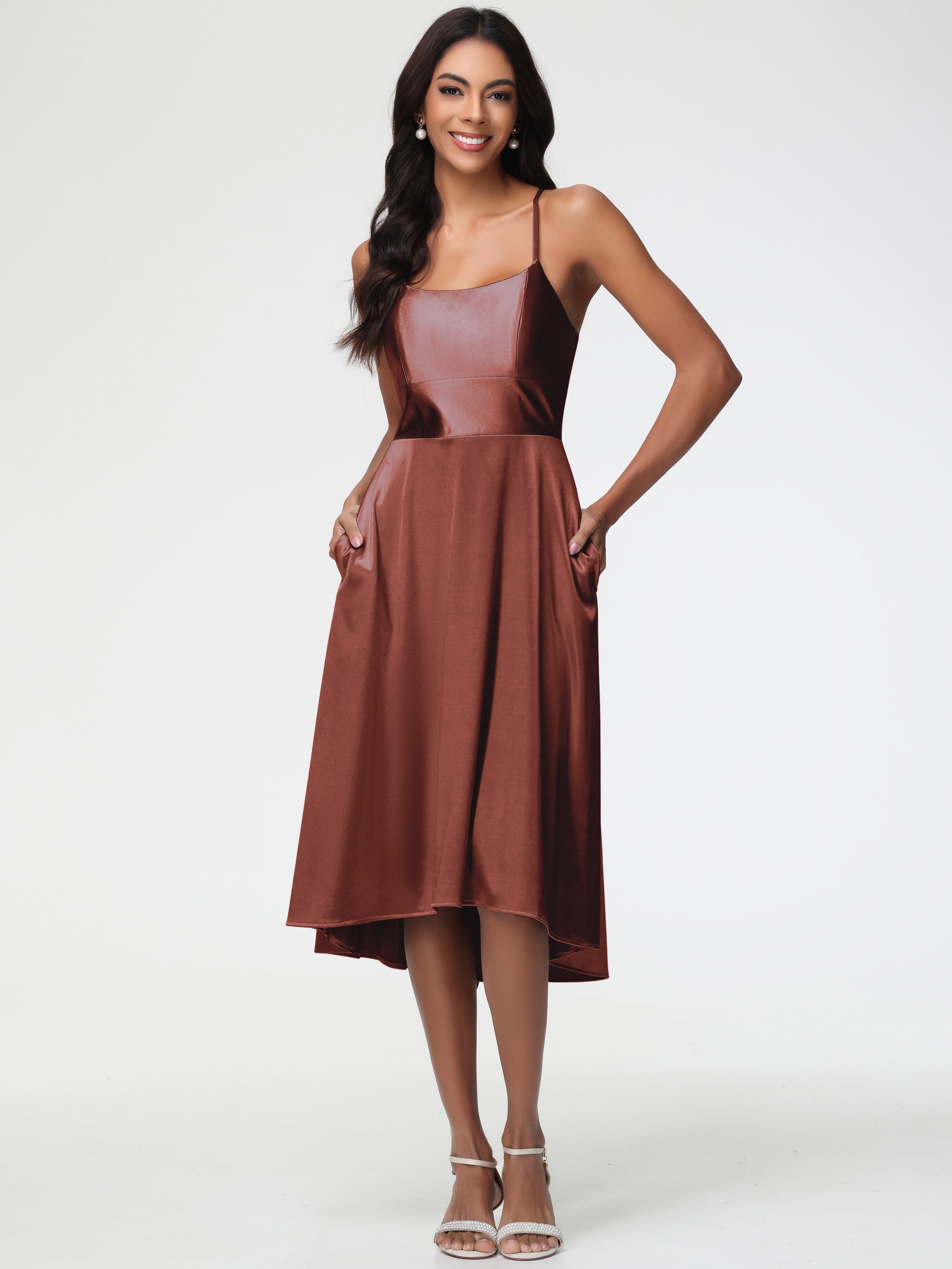 Terracotta Midi Formal Dress Minimalist A Line Spaghetti Straps Sleeve Terracotta Midi Formal Dress Minimalist A Line Spaghetti Straps Sleeve