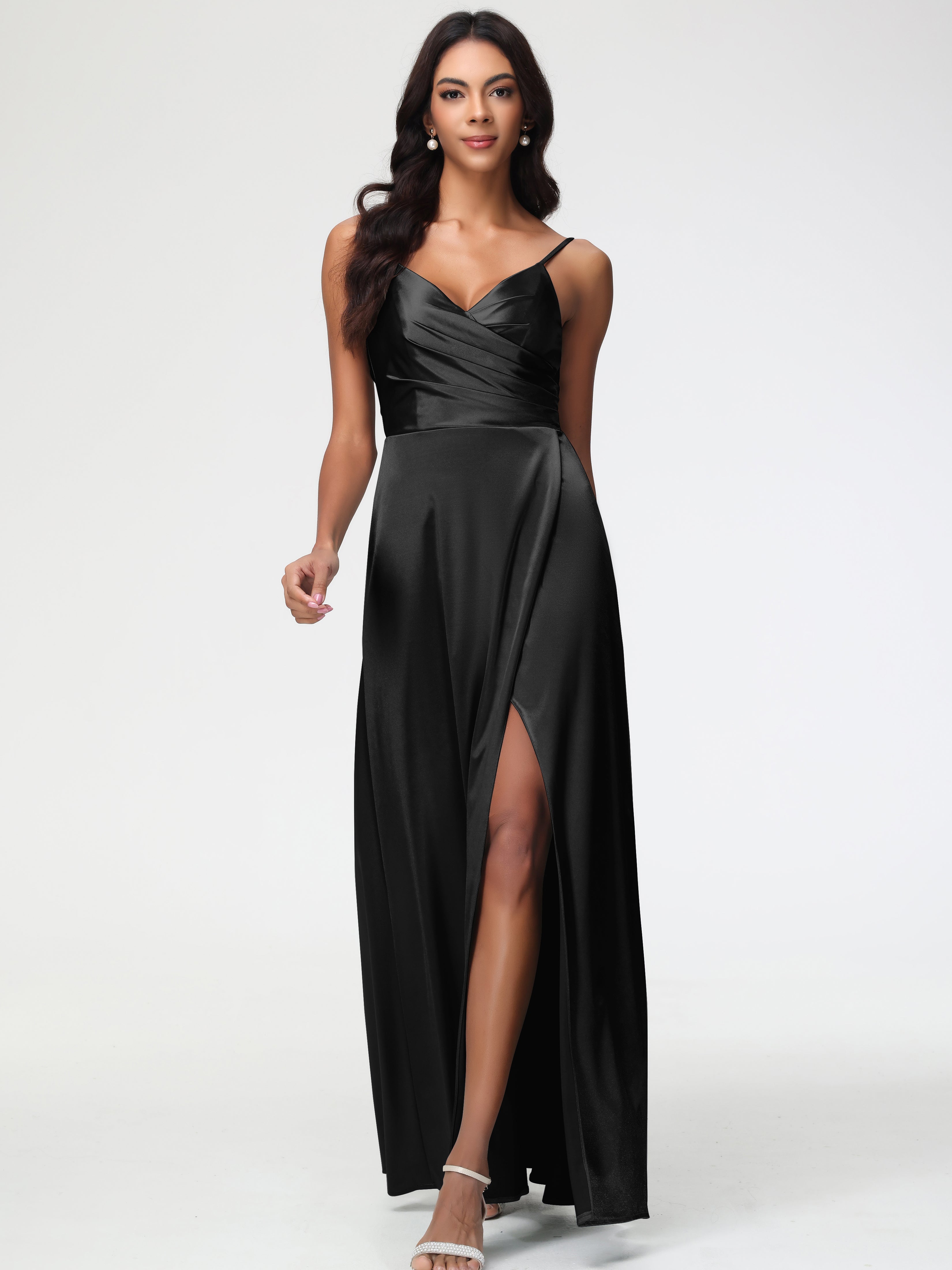 Black Bridesmaids Dresses Spaghetti Straps Pleated Sleeveless V-Neck L