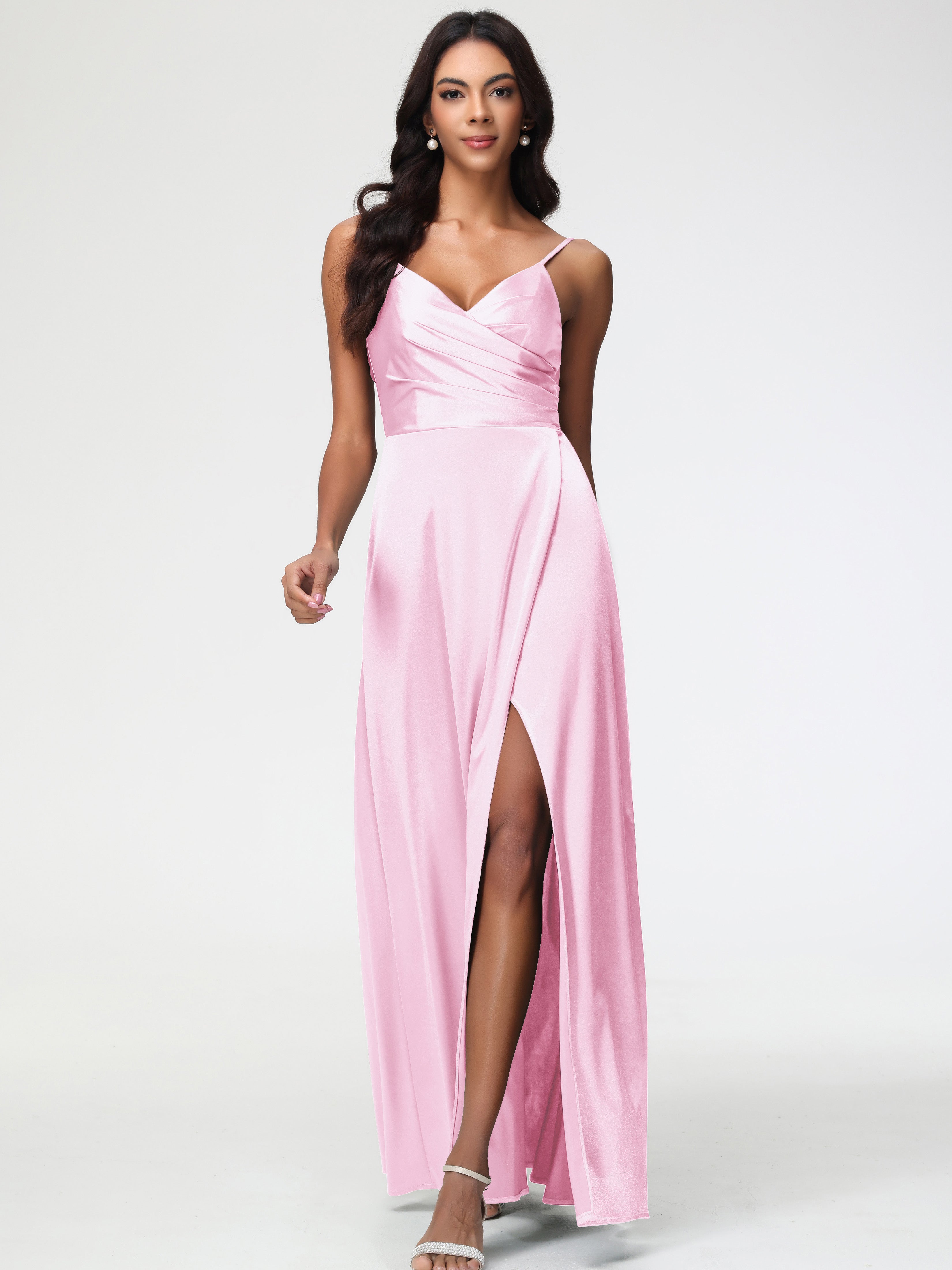 Bridesmaid Dresses Blushing Pink Spaghetti Straps Pleated Sleeveless V