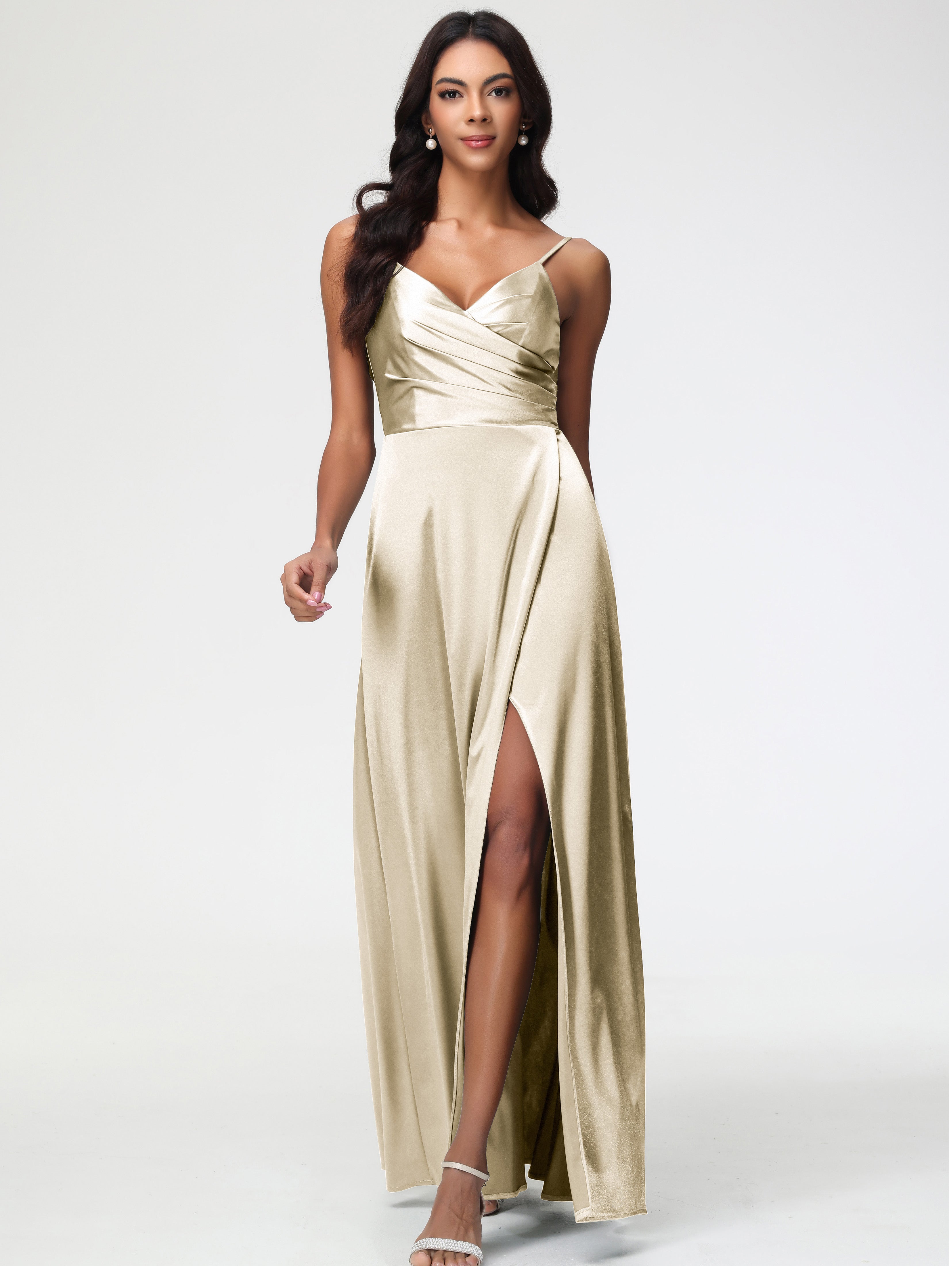 Champagne Coloured Formal Dresses Spaghetti Straps Pleated Sleeveless V-Neck Long Stretch Satin Formal Dresses Champagne Coloured Formal Dresses Spaghetti Straps Pleated Sleeveless V-Neck Long Stretch Satin Formal Dresses