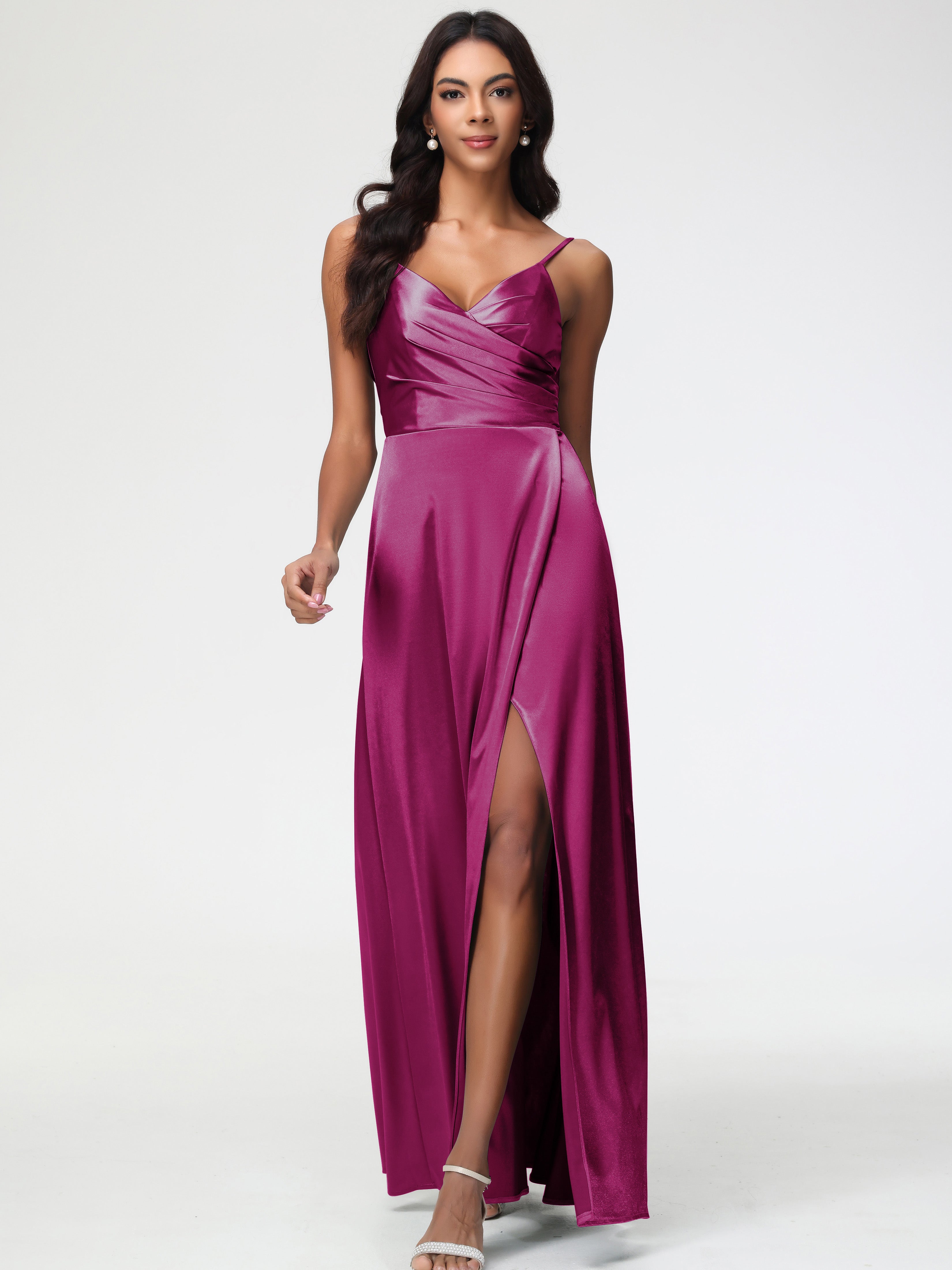Fuchsia Color Bridesmaid Dress Spaghetti Straps Pleated Sleeveless V-Neck Long Stretch Satin Bridesmaid Dresses Fuchsia Color Bridesmaid Dress Spaghetti Straps Pleated Sleeveless V-Neck Long Stretch Satin Bridesmaid Dresses