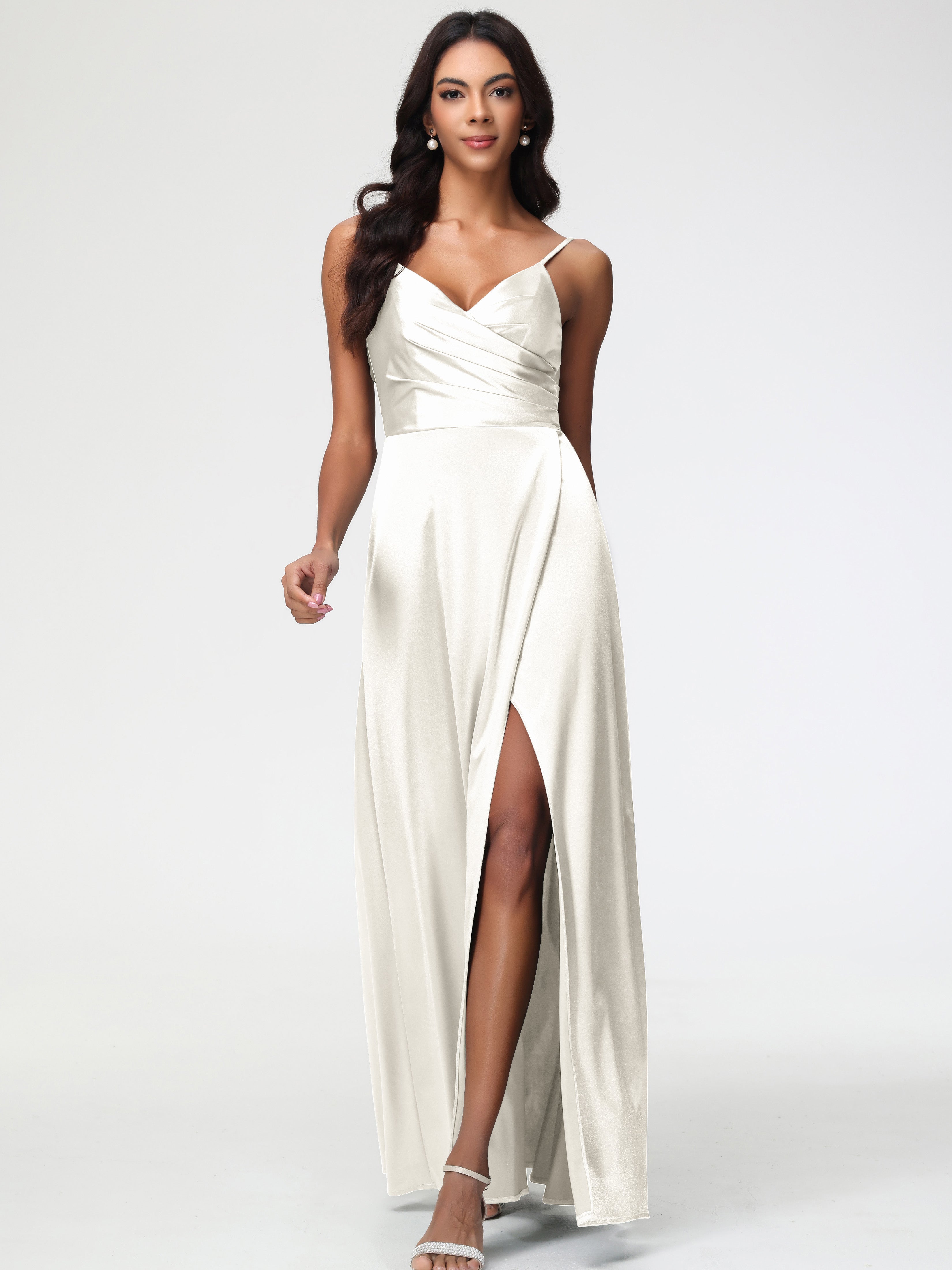 Ivory Colour Formal Dresses Spaghetti Straps Pleated Sleeveless V-Neck Long Stretch Satin Formal Dresses Ivory Colour Formal Dresses Spaghetti Straps Pleated Sleeveless V-Neck Long Stretch Satin Formal Dresses
