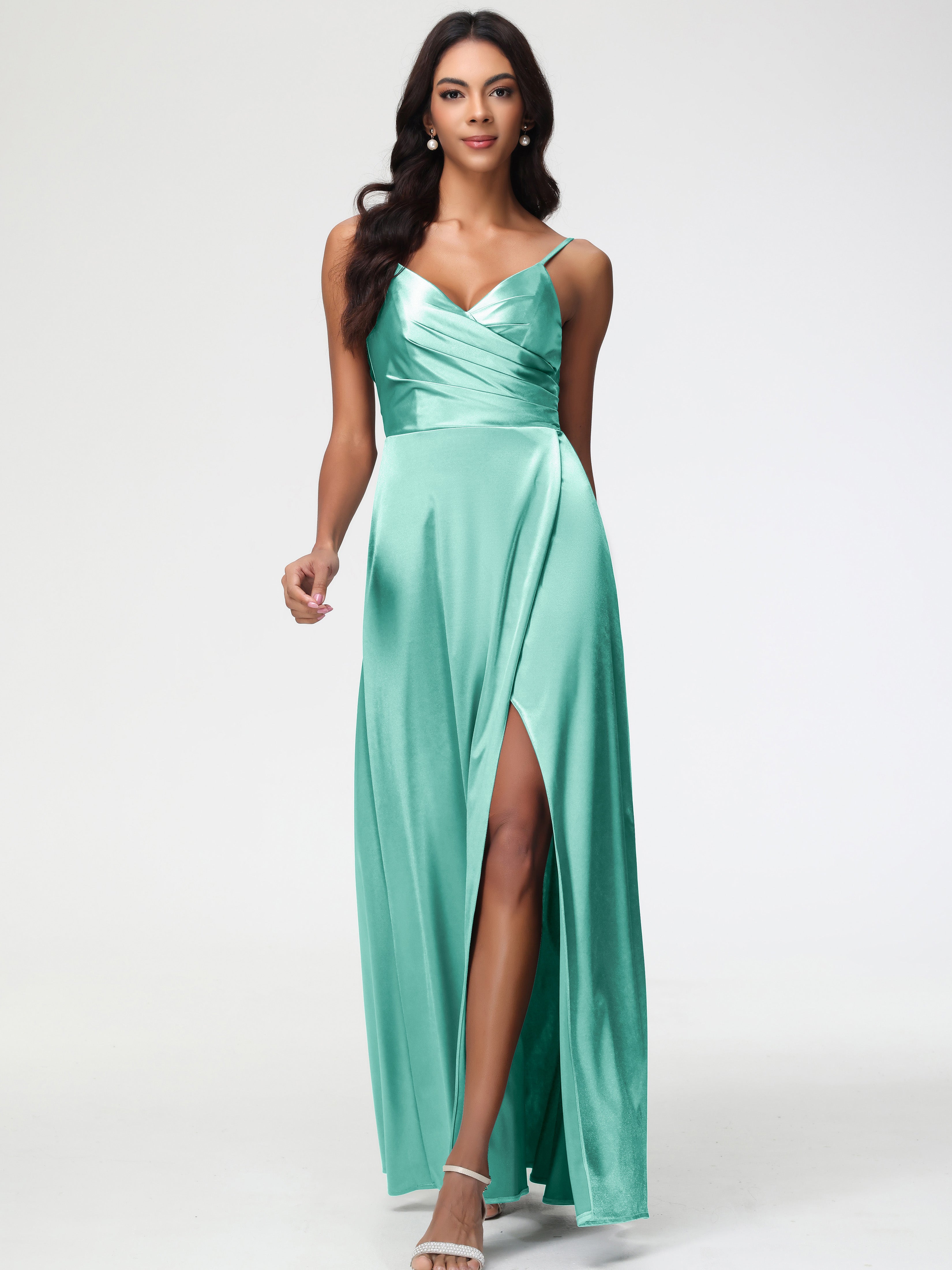 Mint Green Formal Dress Spaghetti Straps Pleated Sleeveless V-Neck Long Stretch Satin Formal Dresses Mint Green Formal Dress Spaghetti Straps Pleated Sleeveless V-Neck Long Stretch Satin Formal Dresses