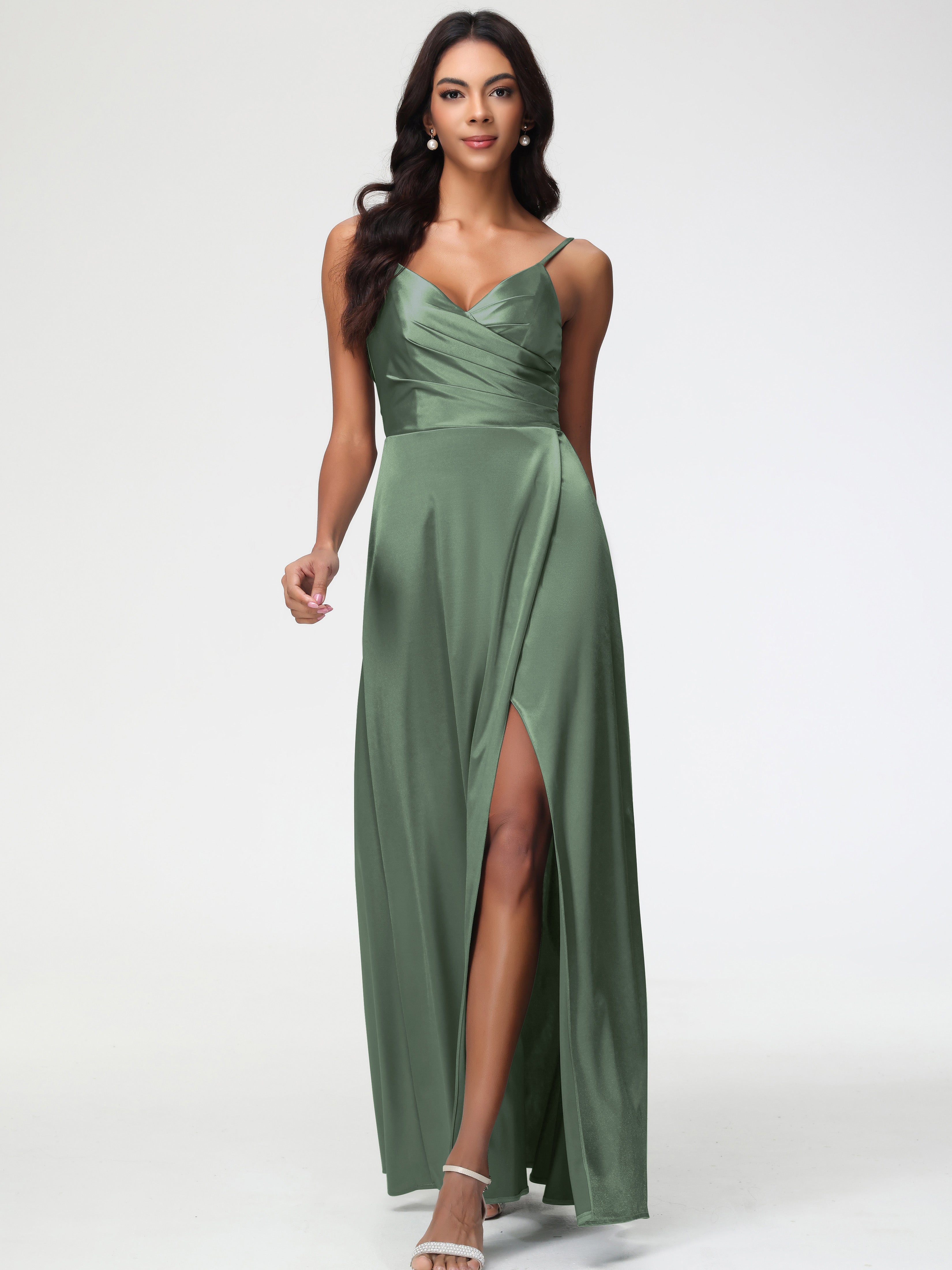 Olive Green Silk Formal Dresses Spaghetti Straps Pleated Sleeveless V-