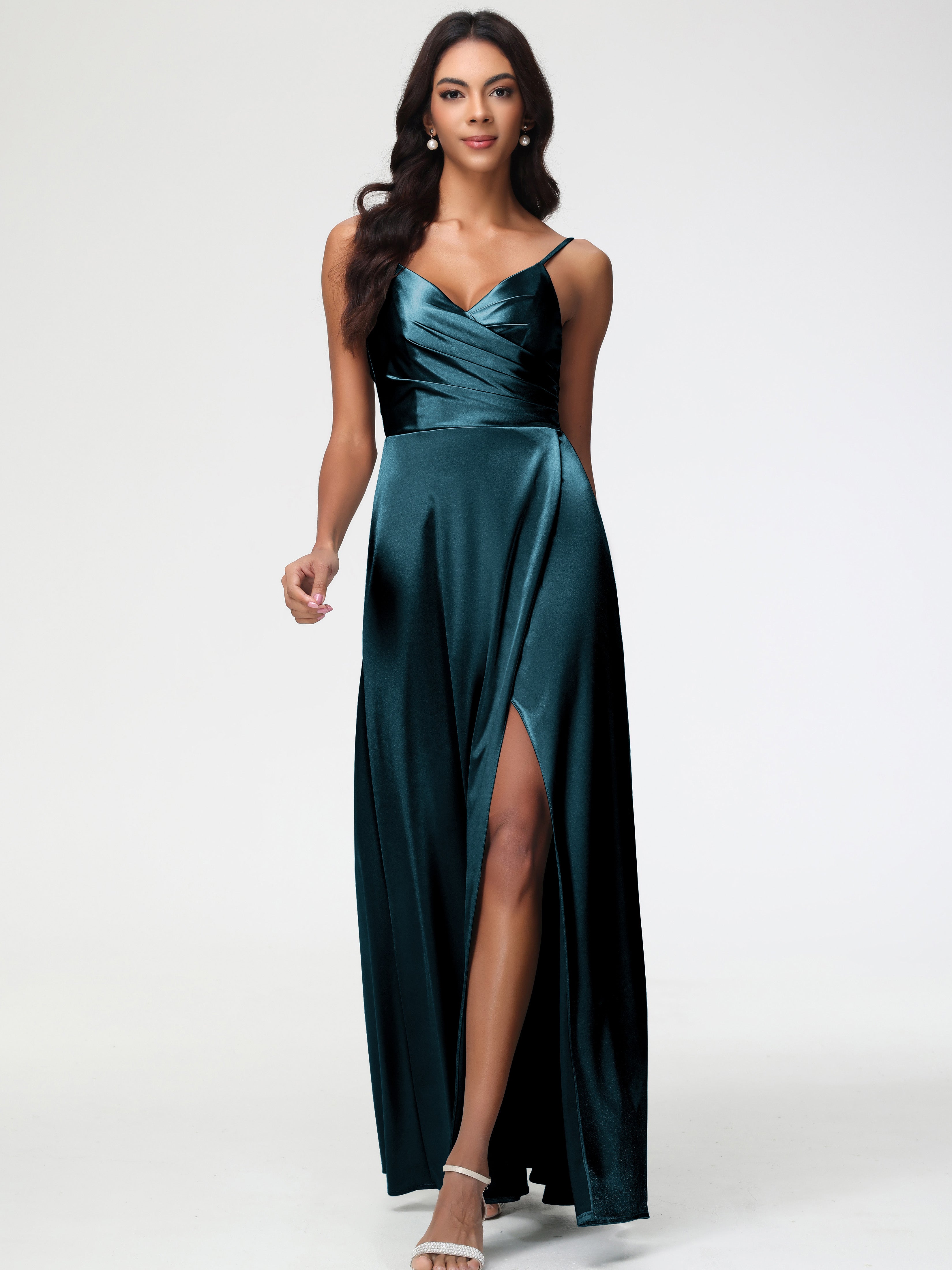 Peacock Bridesmaid Dresses Spaghetti Straps Pleated Sleeveless V-Neck Long Stretch Satin Bridesmaid Dresses Peacock Bridesmaid Dresses Spaghetti Straps Pleated Sleeveless V-Neck Long Stretch Satin Bridesmaid Dresses