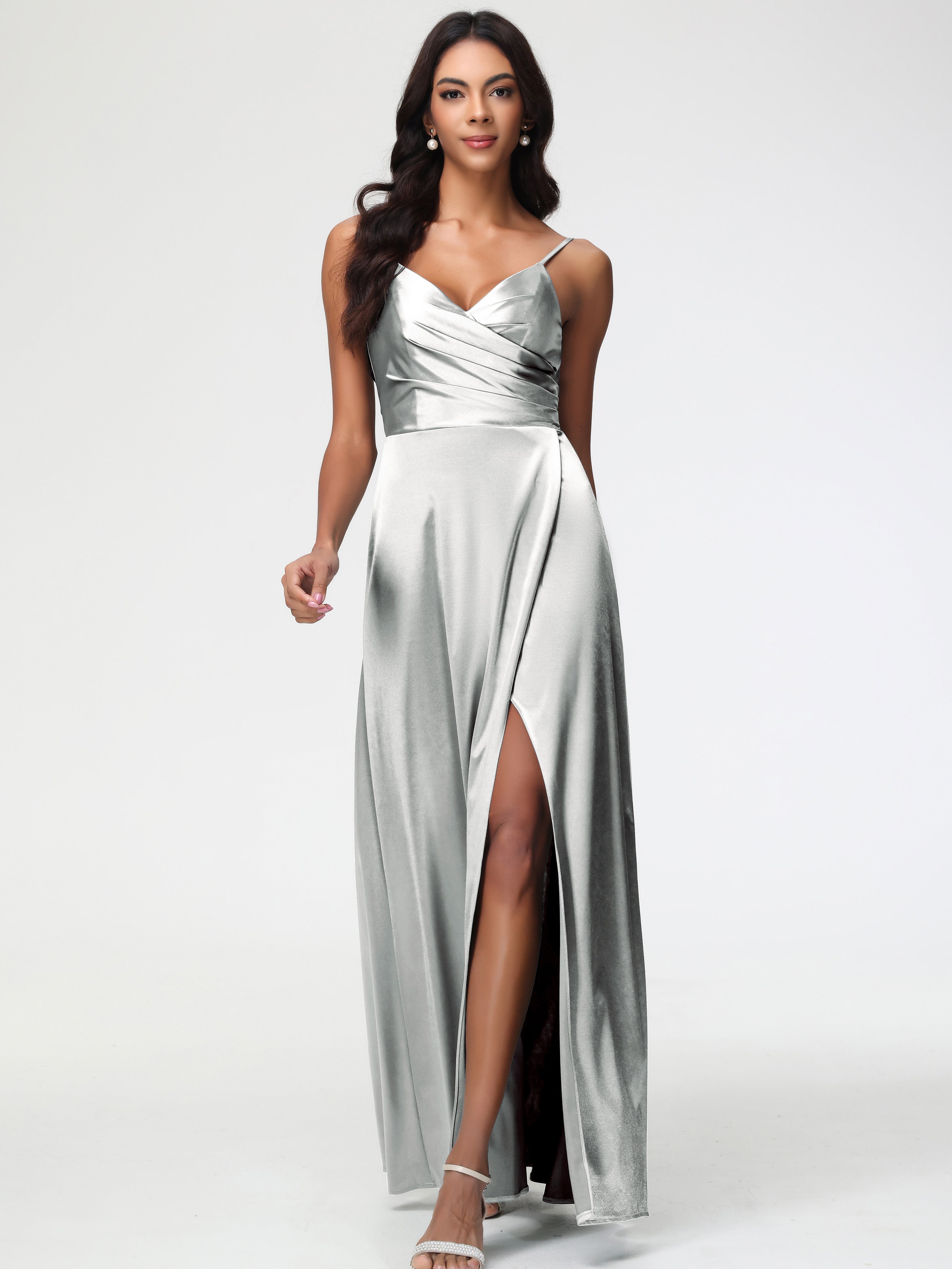 Formal Dresses Grey Silver Spaghetti Straps Pleated Sleeveless V-Neck Long Stretch Satin Formal Dresses Formal Dresses Grey Silver Spaghetti Straps Pleated Sleeveless V-Neck Long Stretch Satin Formal Dresses