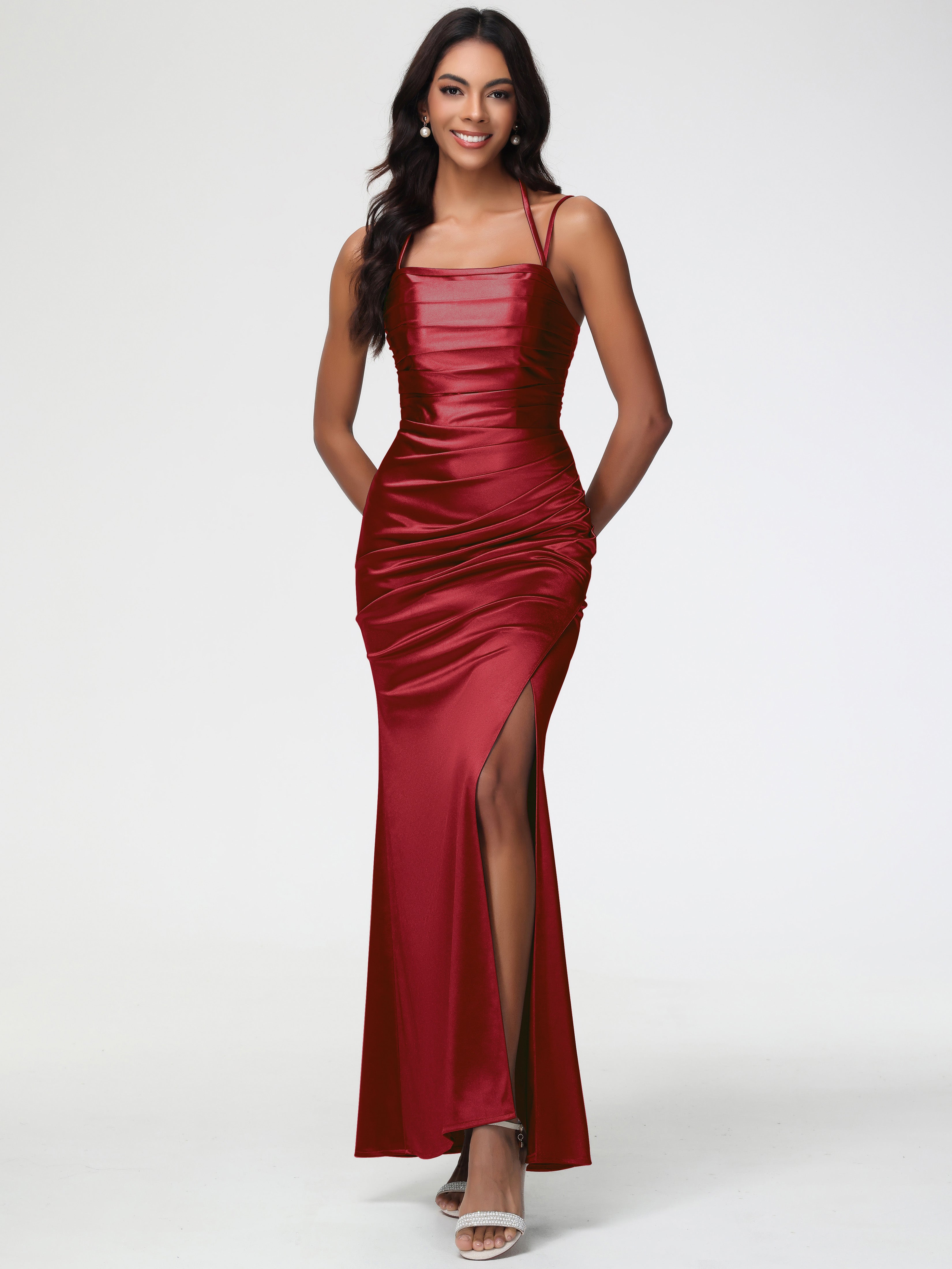 Burgundy Young Formal Dresses Mermaid Stretch Satin Ruched Spaghetti Straps  Lace-Up Back Formal Dress