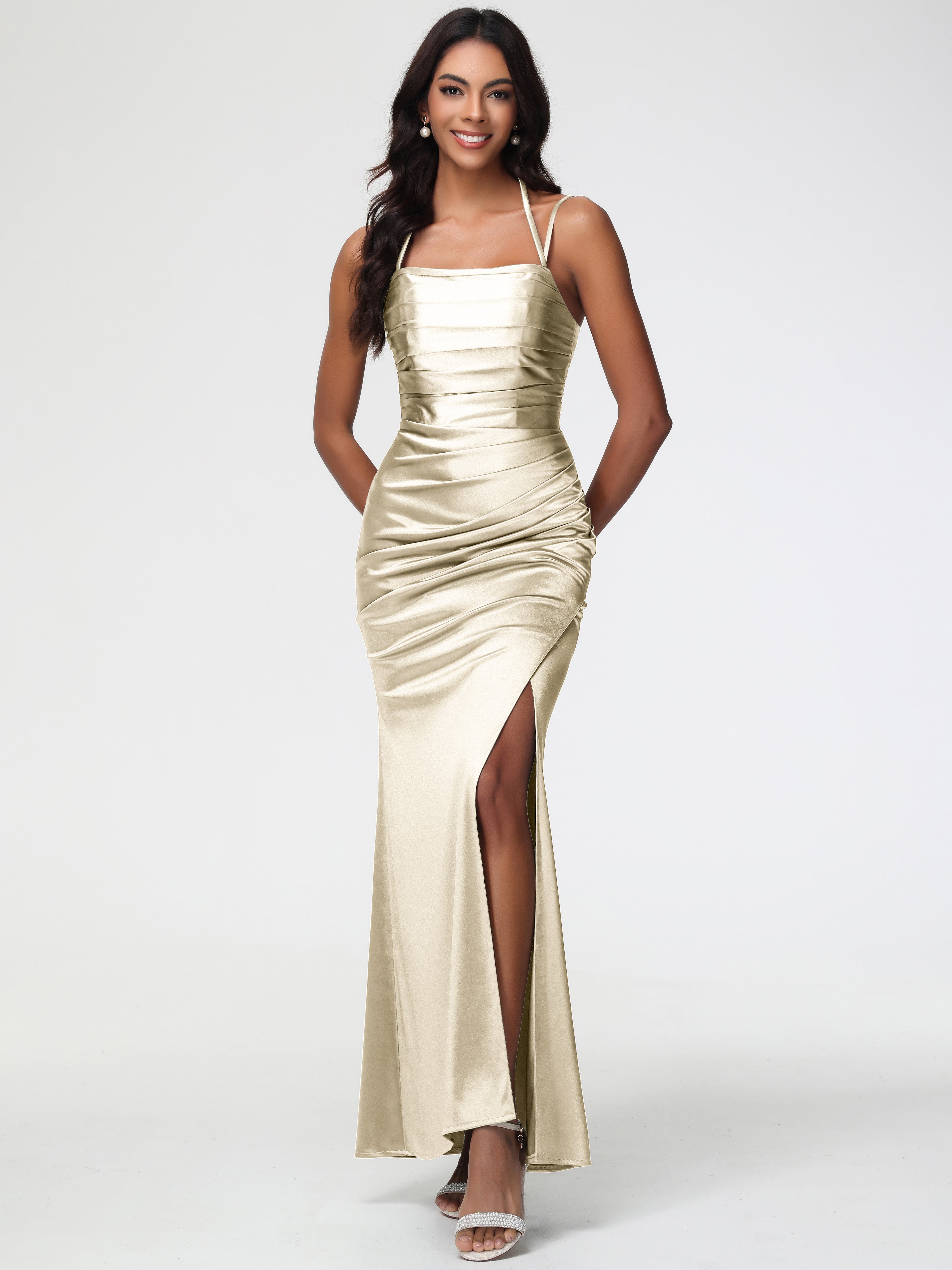Formal Dresses Champagne Mermaid Stretch Satin Ruched Spaghetti Straps Lace-Up Back Formal Dress Formal Dresses Champagne Mermaid Stretch Satin Ruched Spaghetti Straps Lace-Up Back Formal Dress