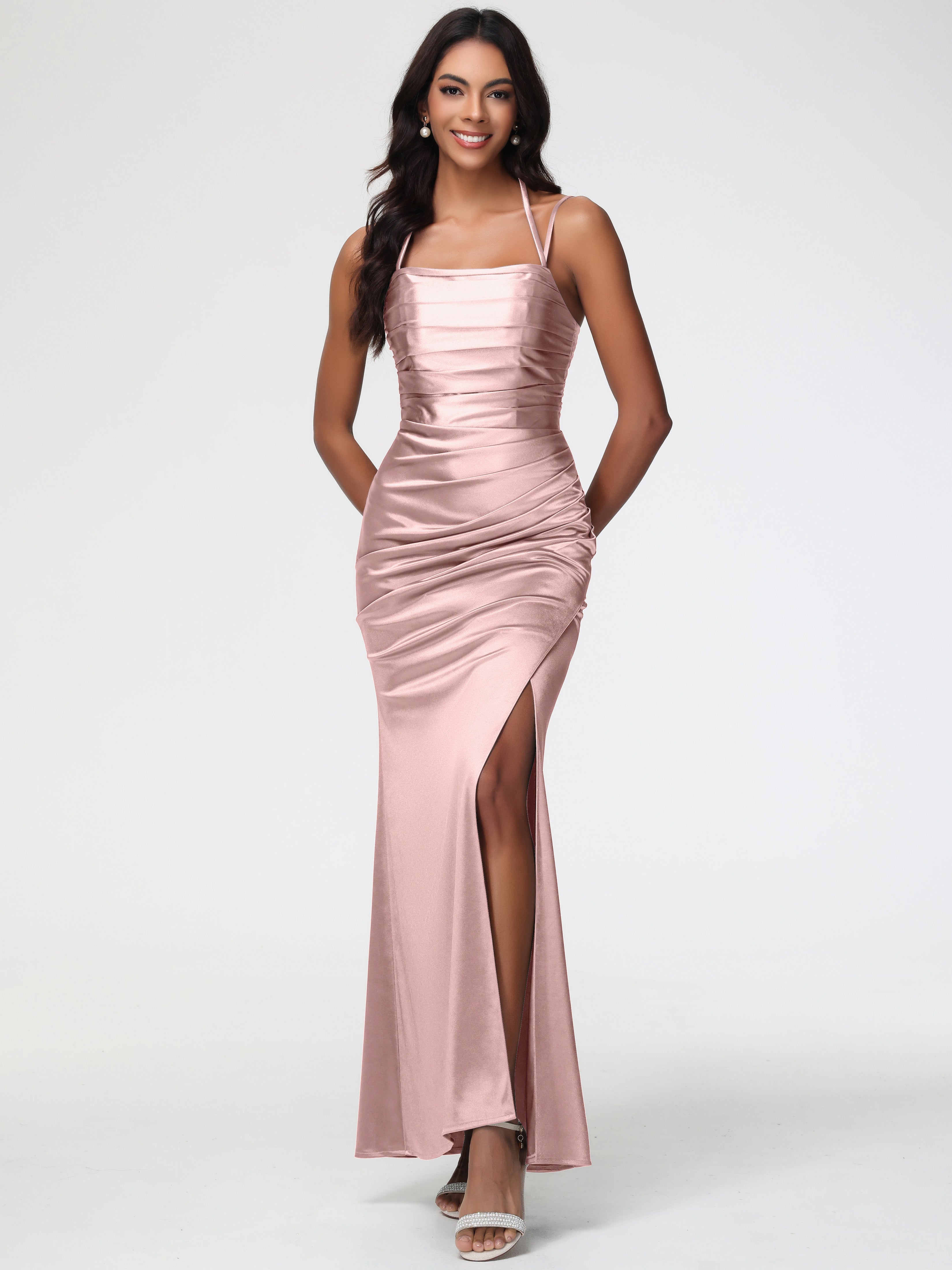 Dusty Rose Dress Prom Mermaid Stretch Satin Ruched Spaghetti Straps Lace-Up Back Prom Dress Dusty Rose Dress Prom Mermaid Stretch Satin Ruched Spaghetti Straps Lace-Up Back Prom Dress