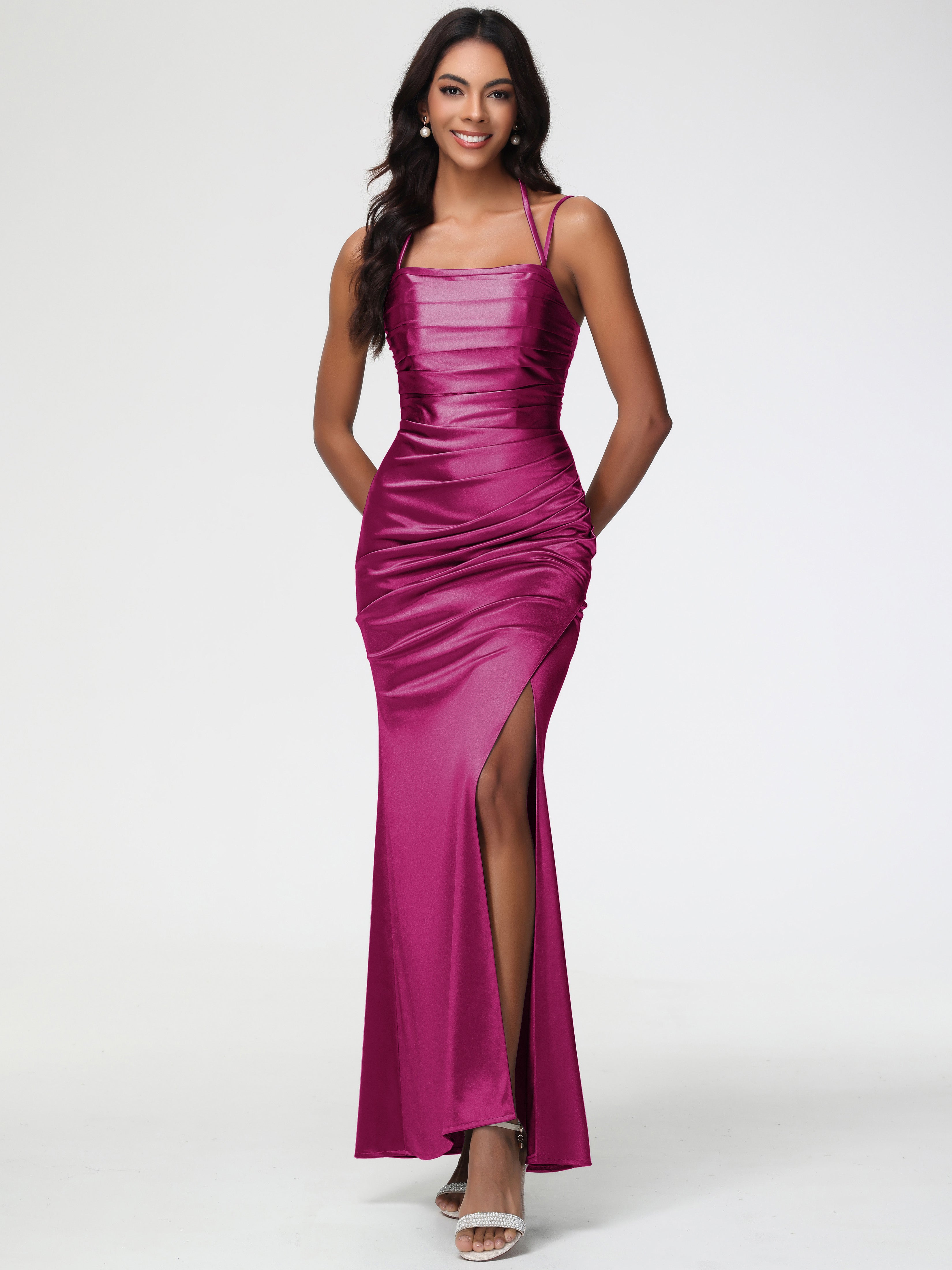 Fuchsia Mermaid Bridesmaid Dresses Mermaid Stretch Satin Ruched Spaghetti Straps Lace-Up Back Bridesmaid Dress Fuchsia Mermaid Bridesmaid Dresses Mermaid Stretch Satin Ruched Spaghetti Straps Lace-Up Back Bridesmaid Dress