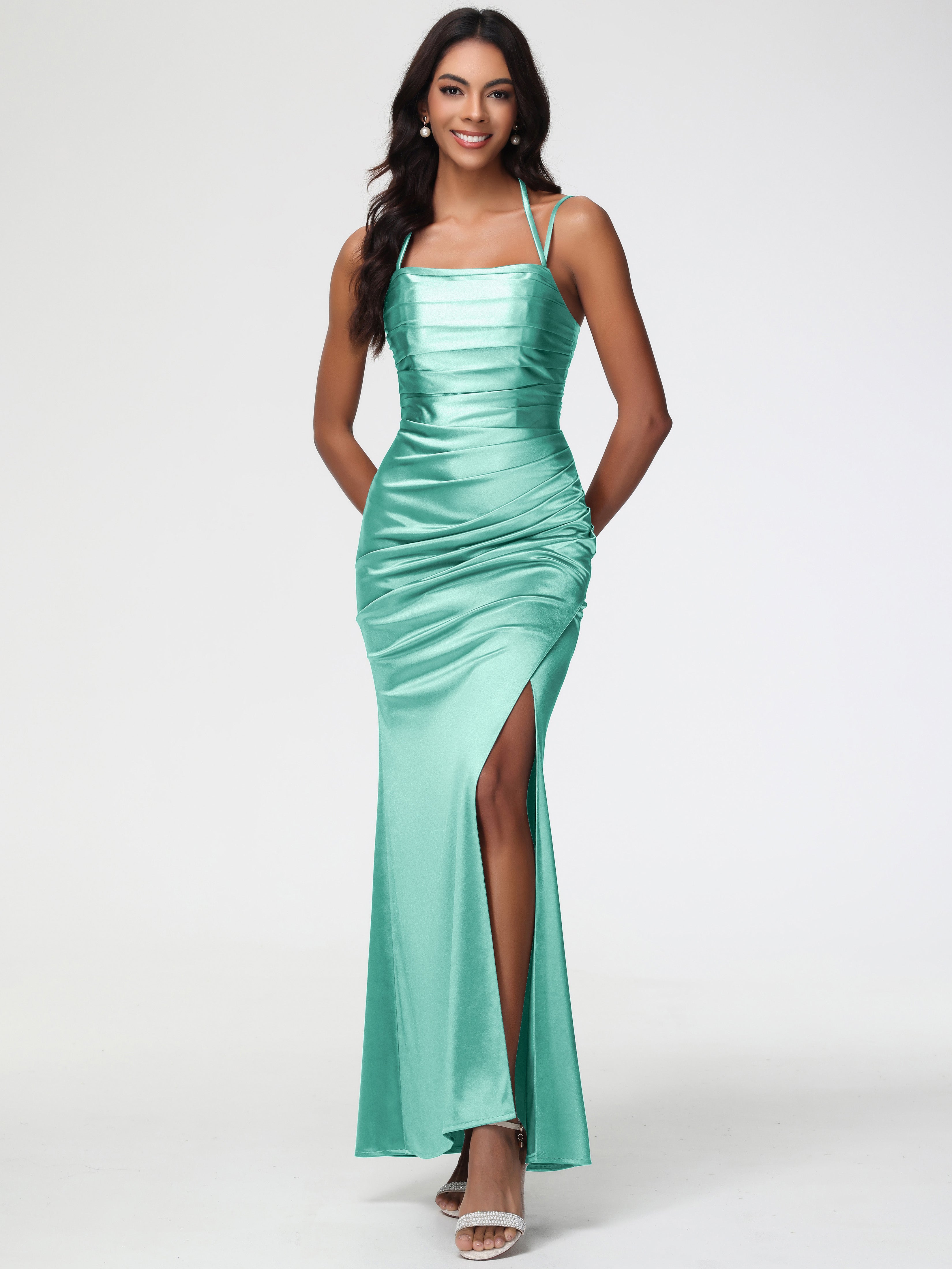 Mint Green Mermaid Prom Dresses Mermaid Stretch Satin Ruched Spaghetti Straps Lace-Up Back Prom Dress Mint Green Mermaid Prom Dresses Mermaid Stretch Satin Ruched Spaghetti Straps Lace-Up Back Prom Dress