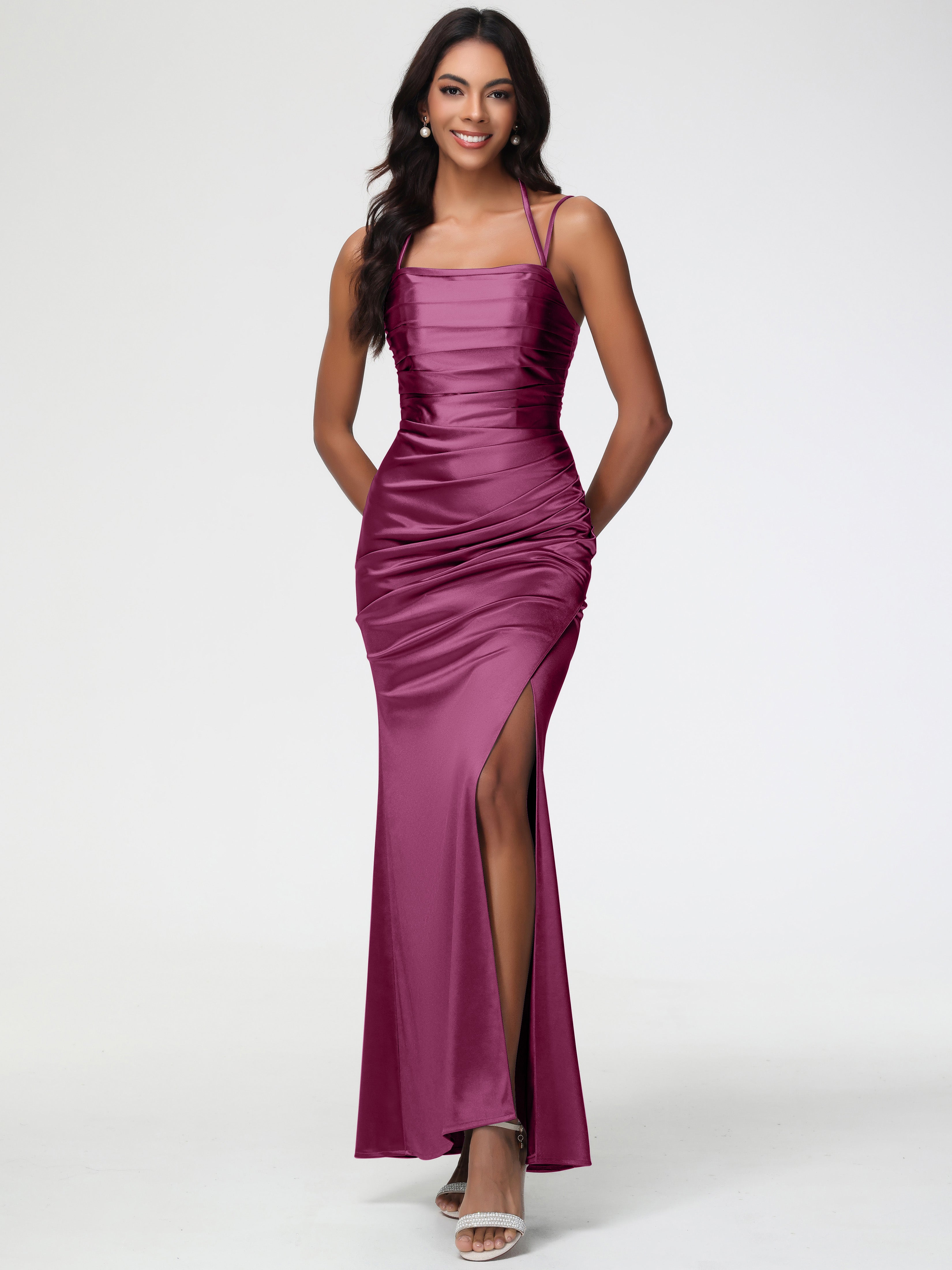 Bridesmaid Dress Mulberry Mermaid Stretch Satin Ruched Spaghetti Straps Lace-Up Back Bridesmaid Dress
