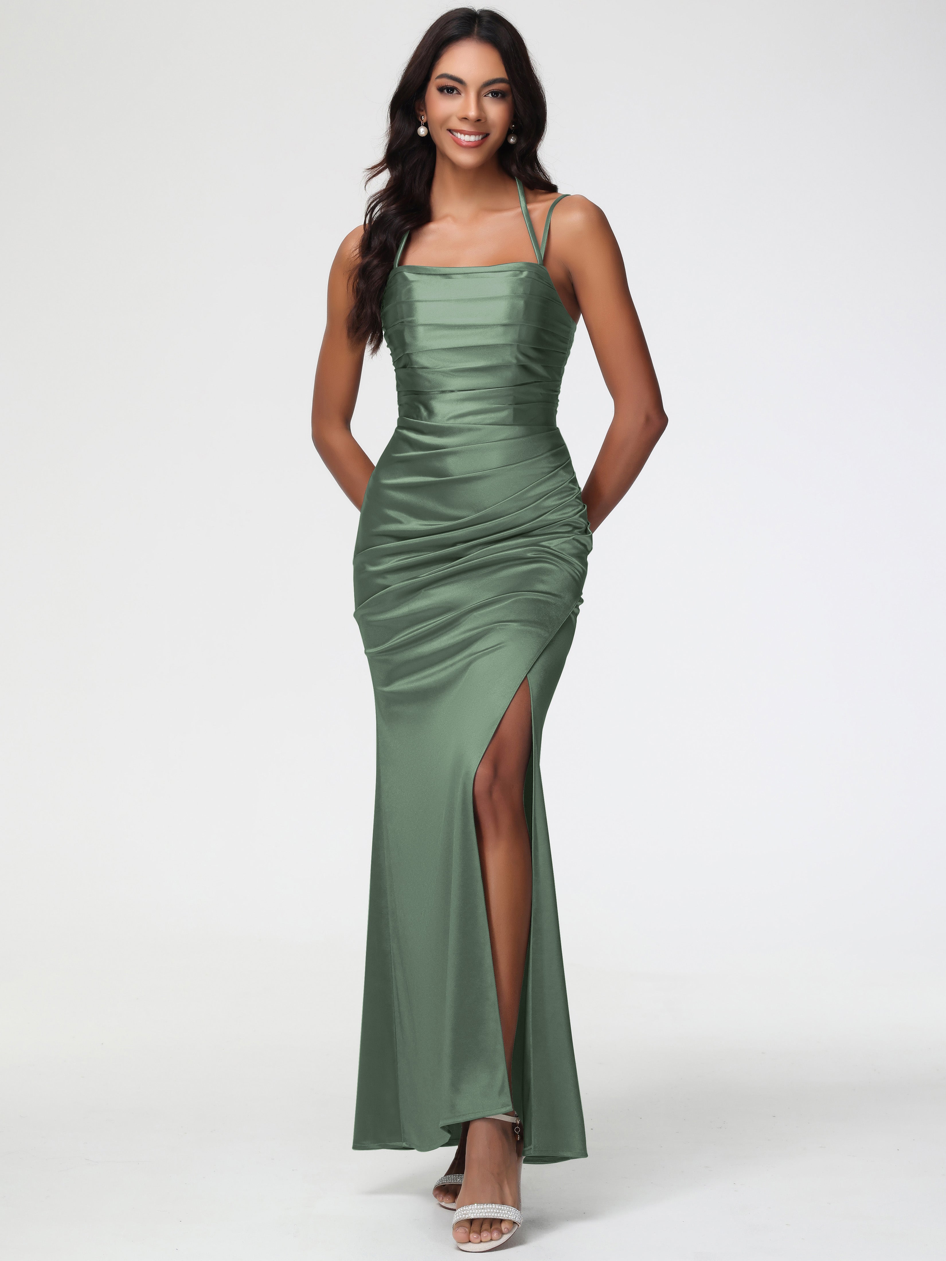 open lace back dress Bohemian Olive Green Prom Dresses Mermaid Stretch Satin Ruched Spaghet