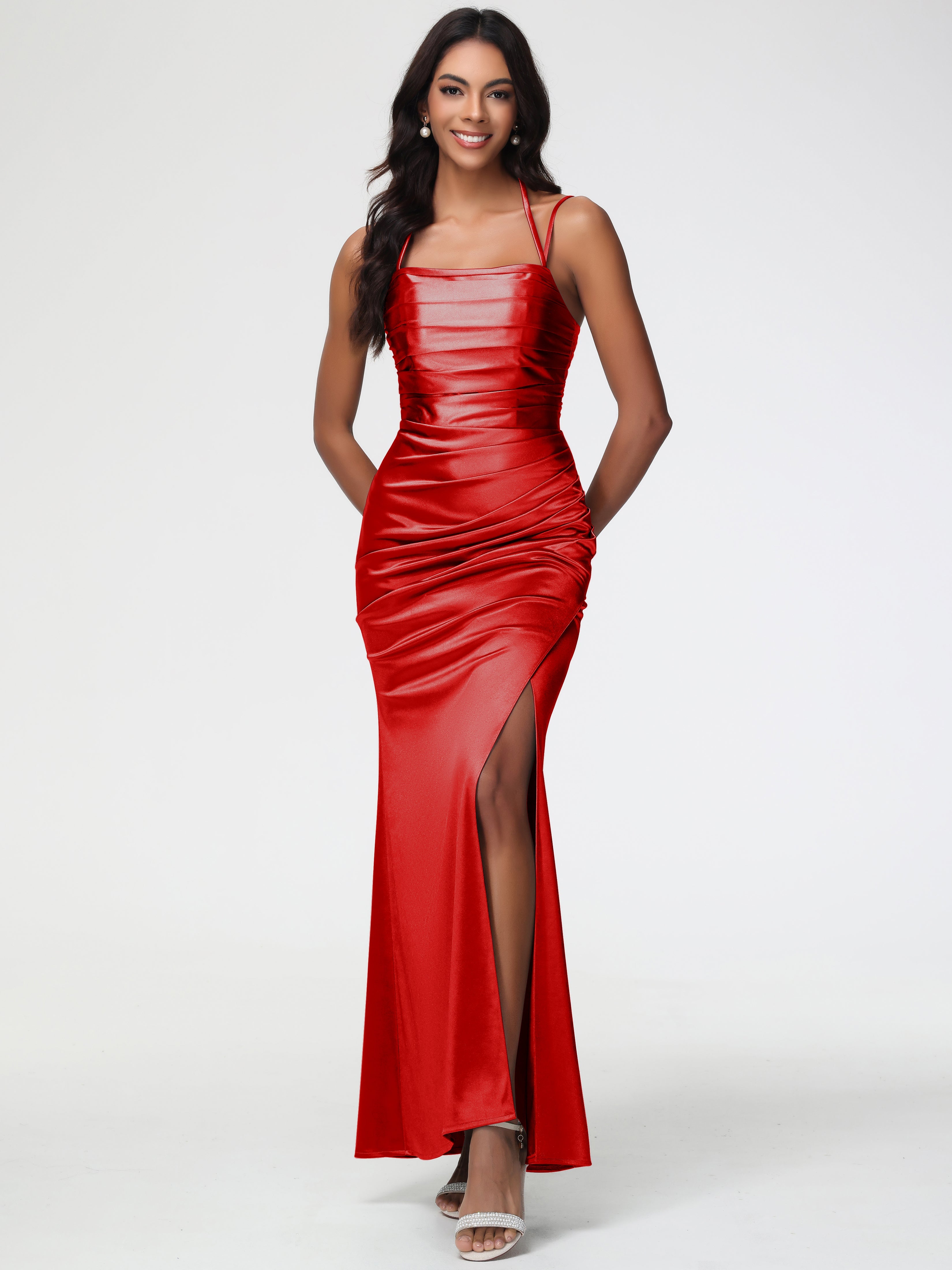 Red Satin Bridesmaid Dresses Mermaid Stretch Satin Ruched Spaghetti St