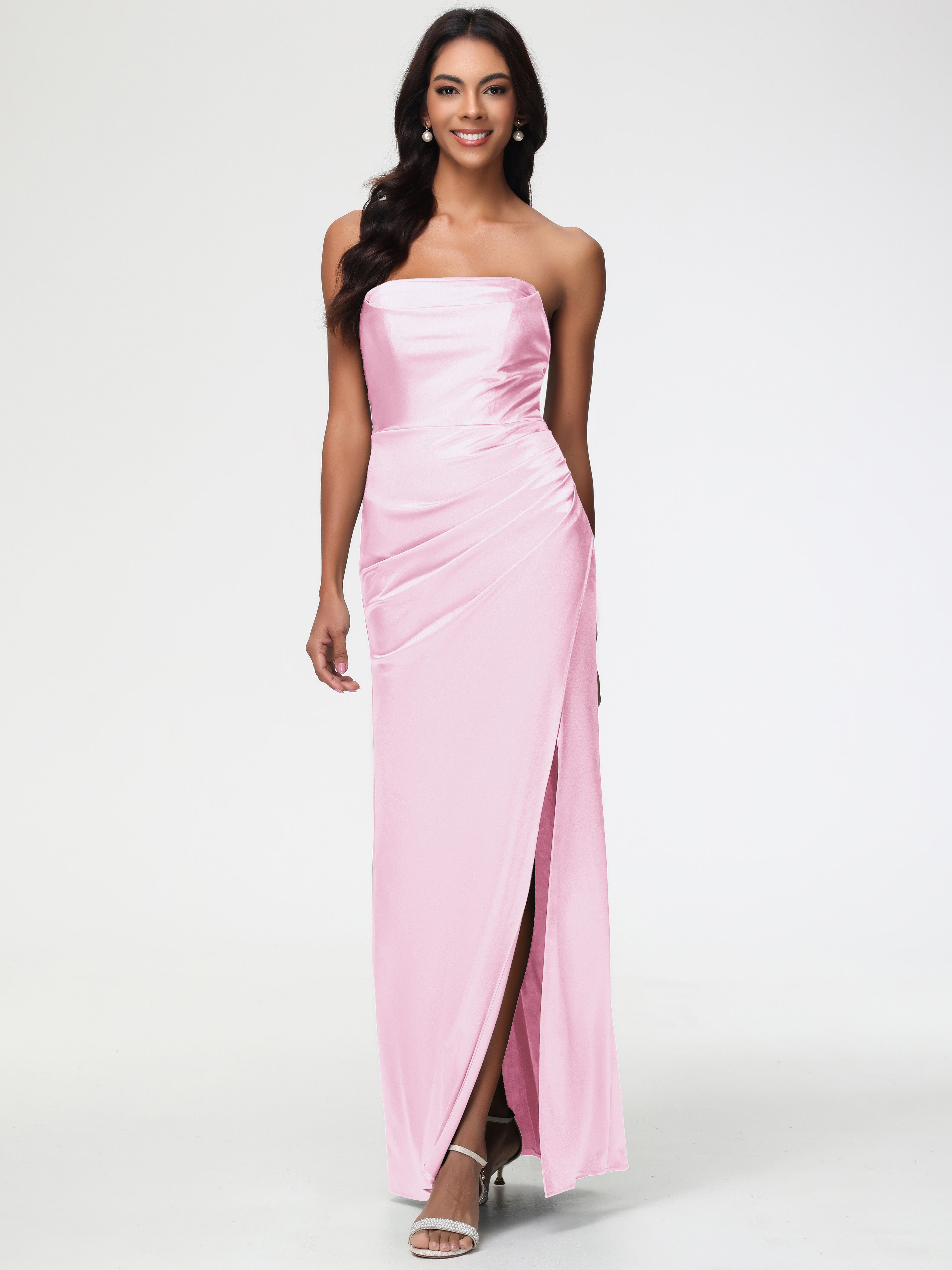 Blushing Pink Color Formal Dresses Strapless Sheath/Column Pleats Stretch Satin Formal Dress With Slit Blushing Pink Color Formal Dresses Strapless Sheath/Column Pleats Stretch Satin Formal Dress With Slit