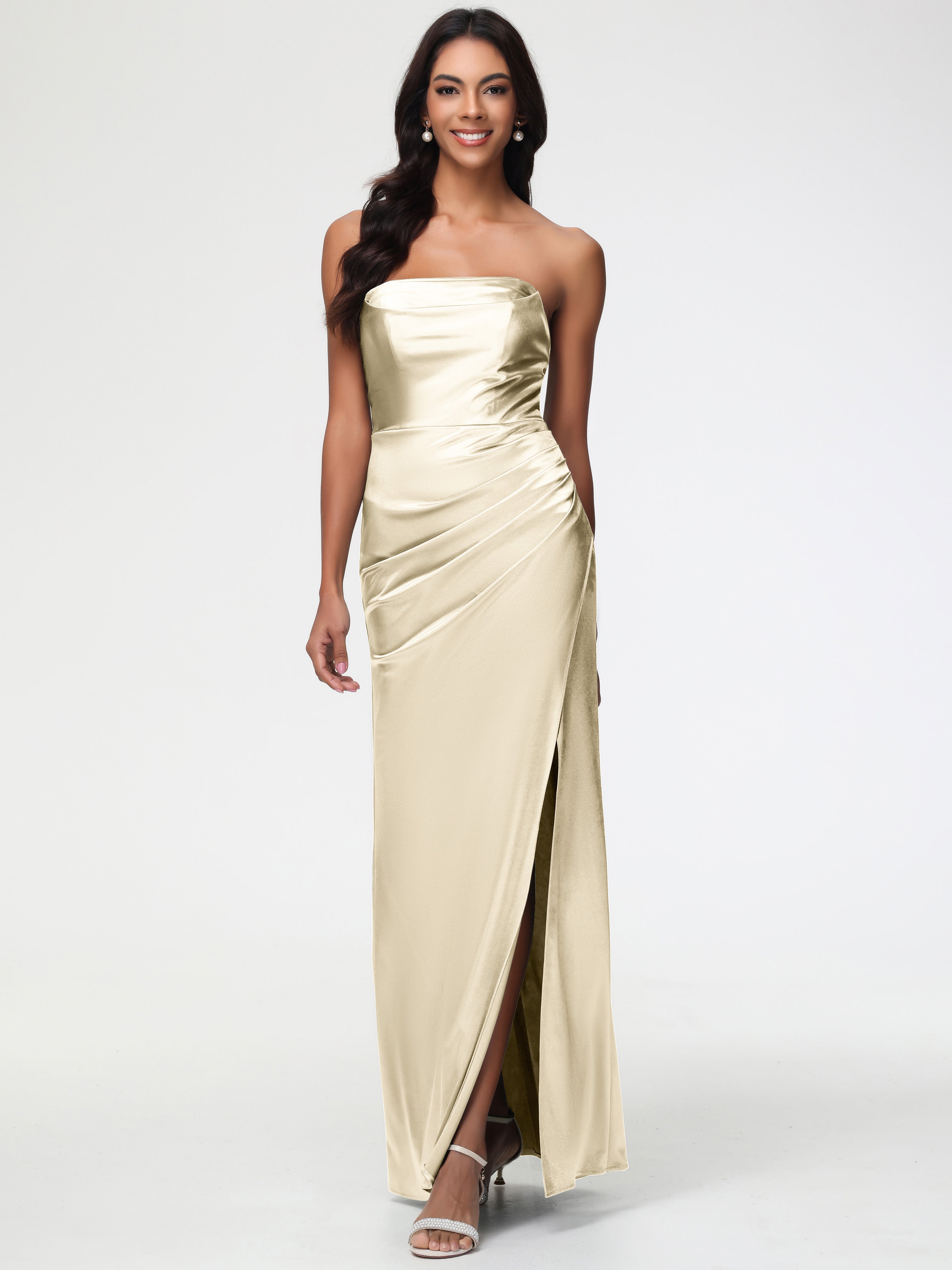 Bridesmaids Champagne Dresses Strapless Sheath/Column Pleats Stretch S Bridesmaids Champagne Dresses Strapless Sheath/Column Pleats Stretch S