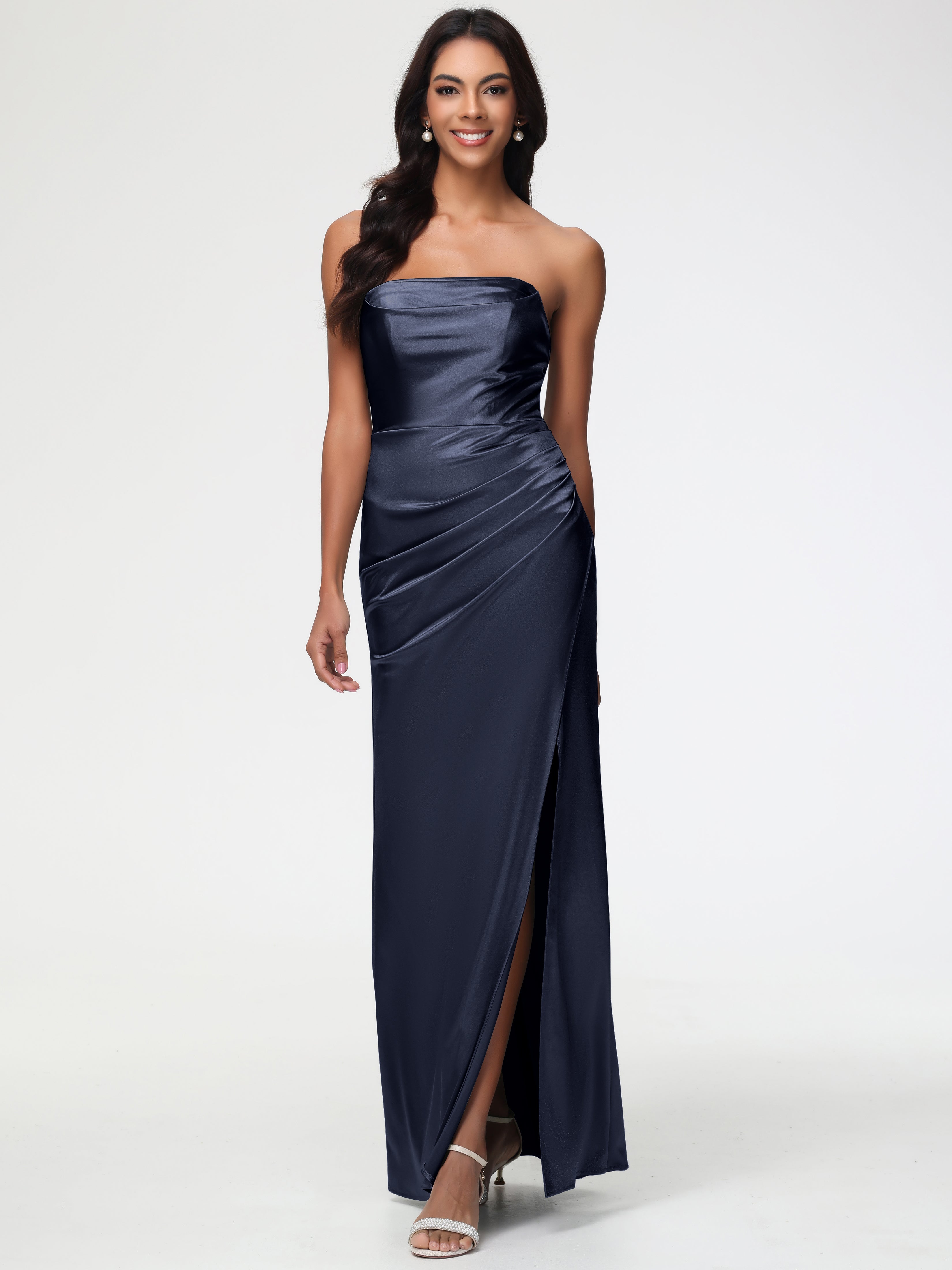 Dark Navy Prom Dresses Strapless Sheath/Column Pleats Stretch Satin Pr Dark Navy Prom Dresses Strapless Sheath/Column Pleats Stretch Satin Pr