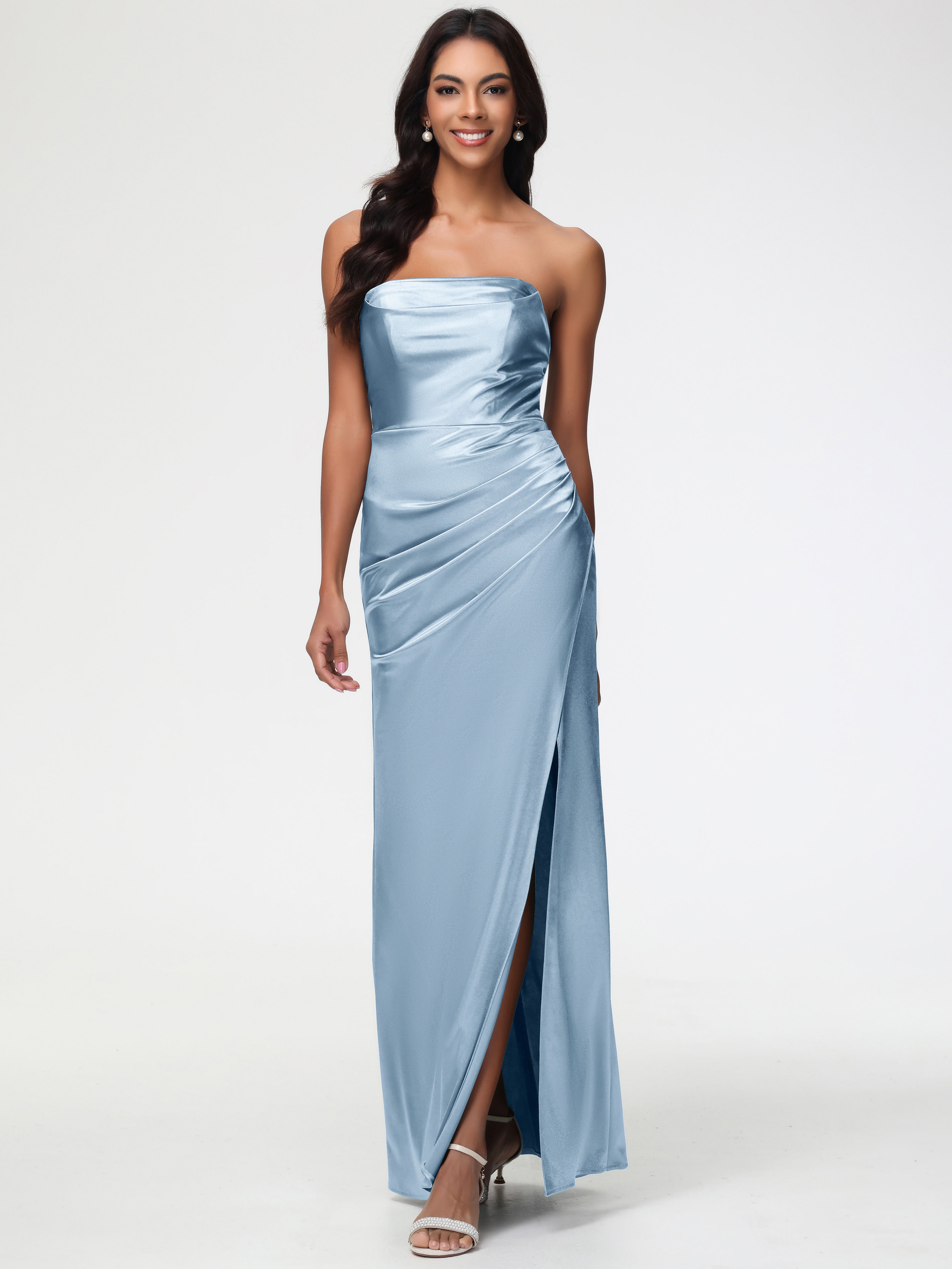Bridesmaid Dress Dusty Blue Strapless Sheath/Column Pleats Stretch Sat Bridesmaid Dress Dusty Blue Strapless Sheath/Column Pleats Stretch Sat