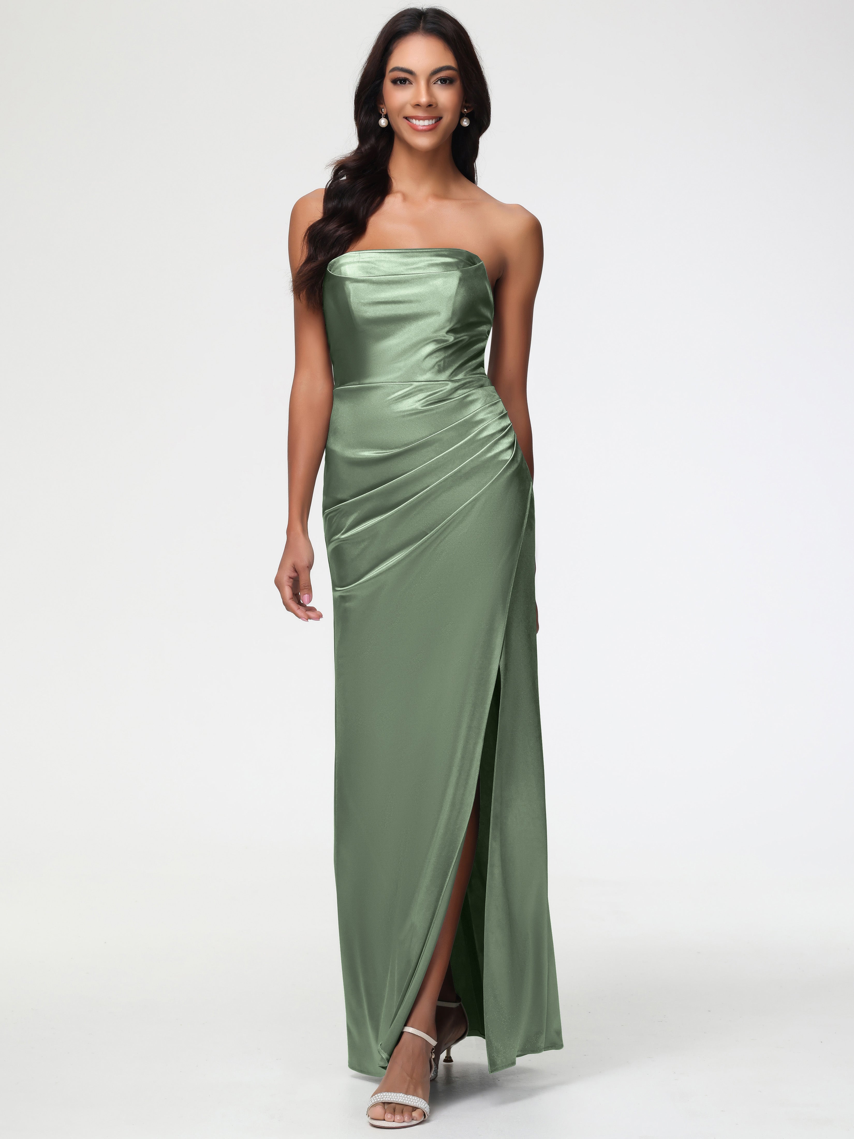 Dusty Sage Formal Dresses Near Me Strapless Sheath/Column Pleats Stretch Satin Formal Dress With Slit Dusty Sage Formal Dresses Near Me Strapless Sheath/Column Pleats Stretch Satin Formal Dress With Slit