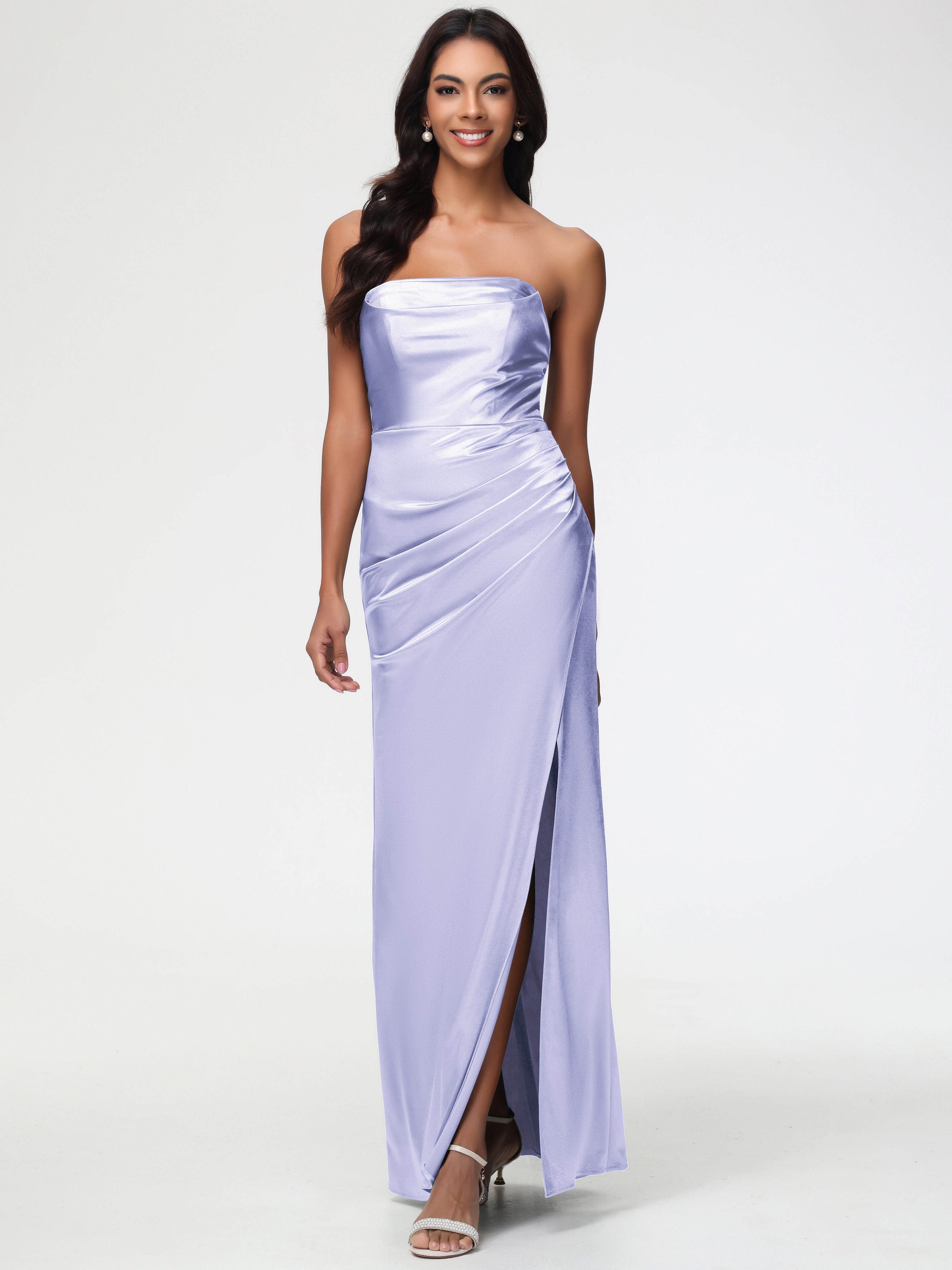 Lavender Formal Dresses Near Me Strapless Sheath/Column Pleats Stretch Satin Formal Dress With Slit Lavender Formal Dresses Near Me Strapless Sheath/Column Pleats Stretch Satin Formal Dress With Slit