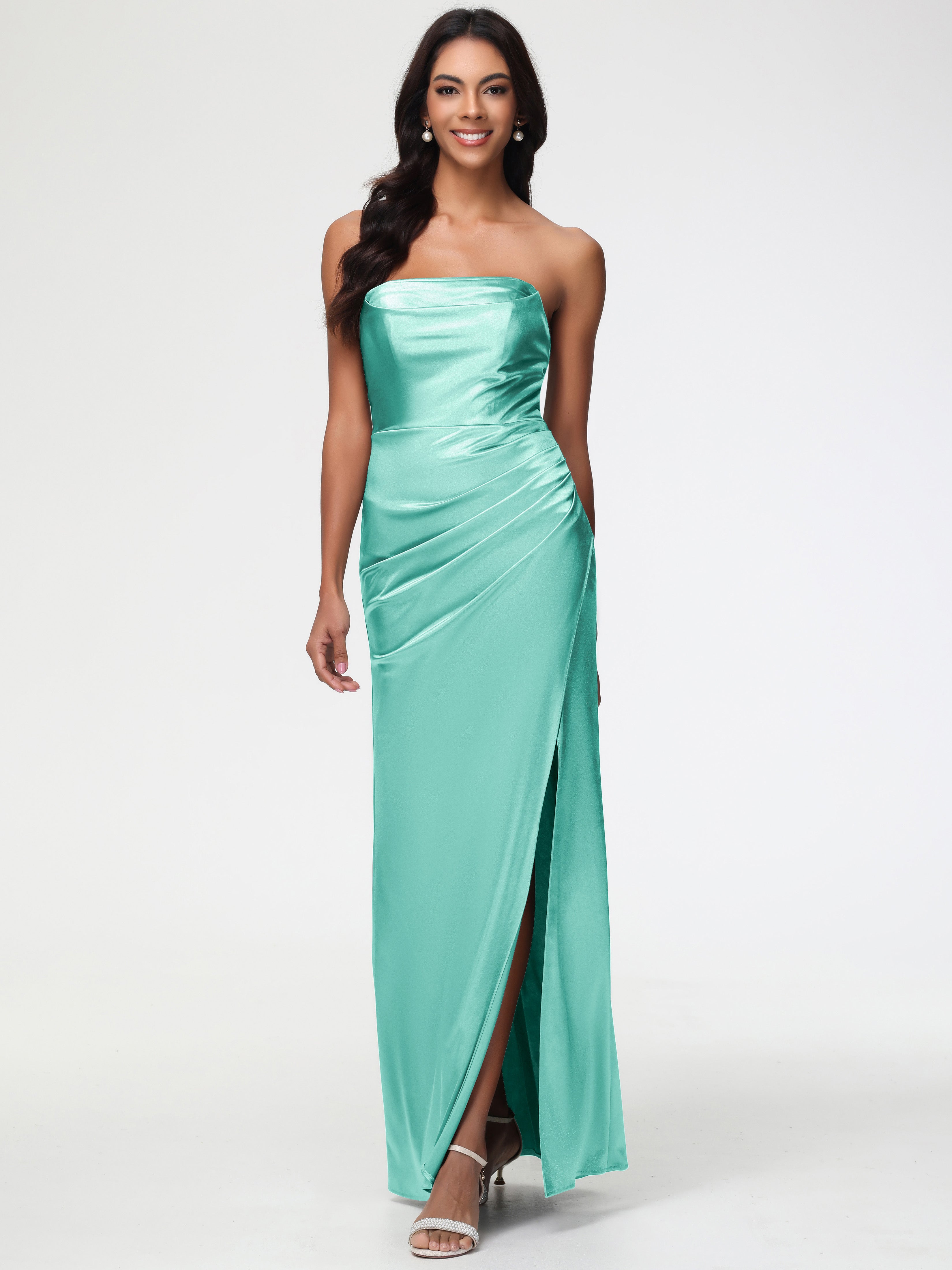 Mint Green Color Prom Dress Strapless Sheath/Column Pleats Stretch Sat Mint Green Color Prom Dress Strapless Sheath/Column Pleats Stretch Sat