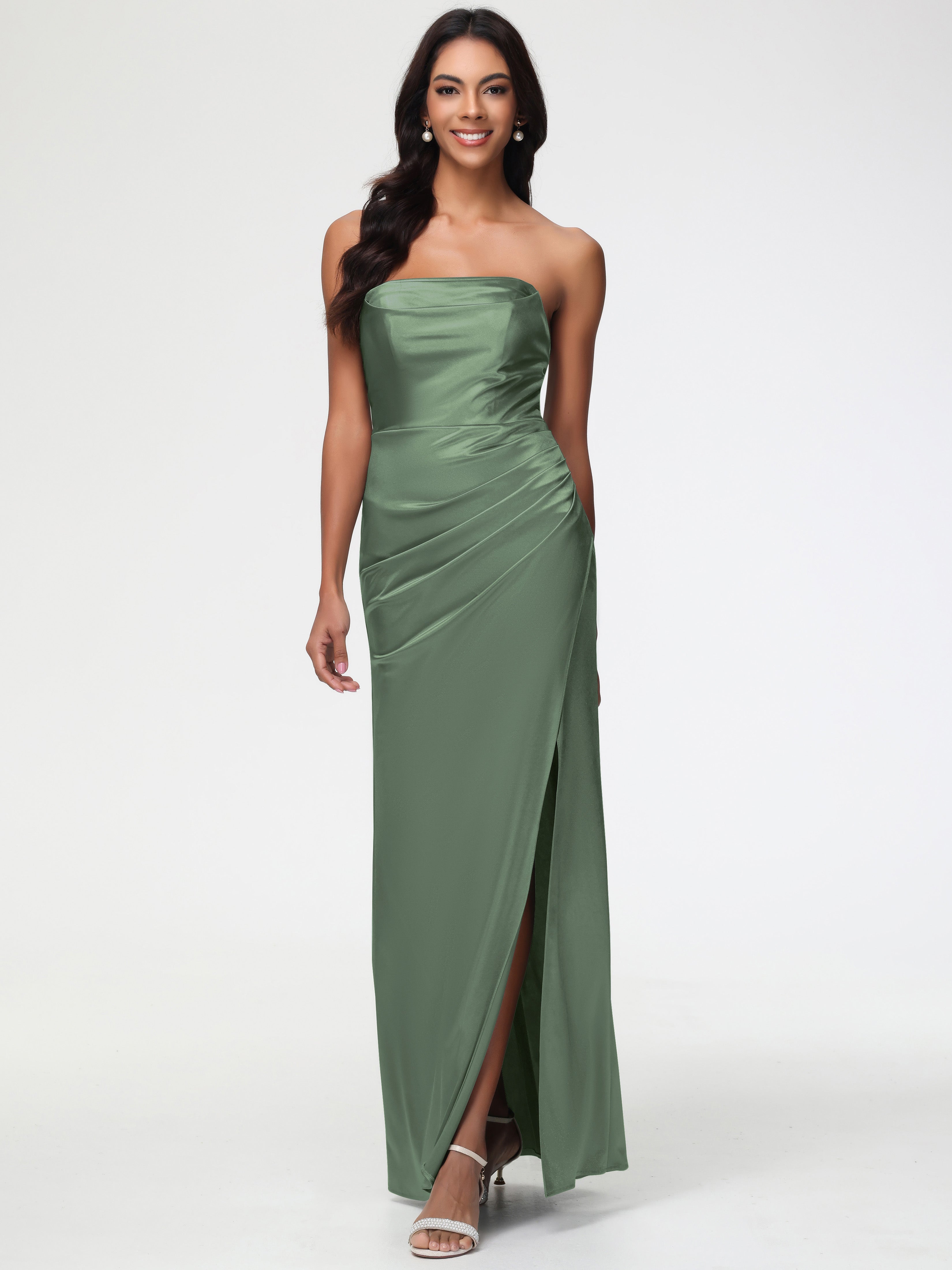 Bridesmaid Olive Green Dress Strapless Sheath/Column Pleats Stretch Satin Bridesmaid Dress With Slit Bridesmaid Olive Green Dress Strapless Sheath/Column Pleats Stretch Satin Bridesmaid Dress With Slit