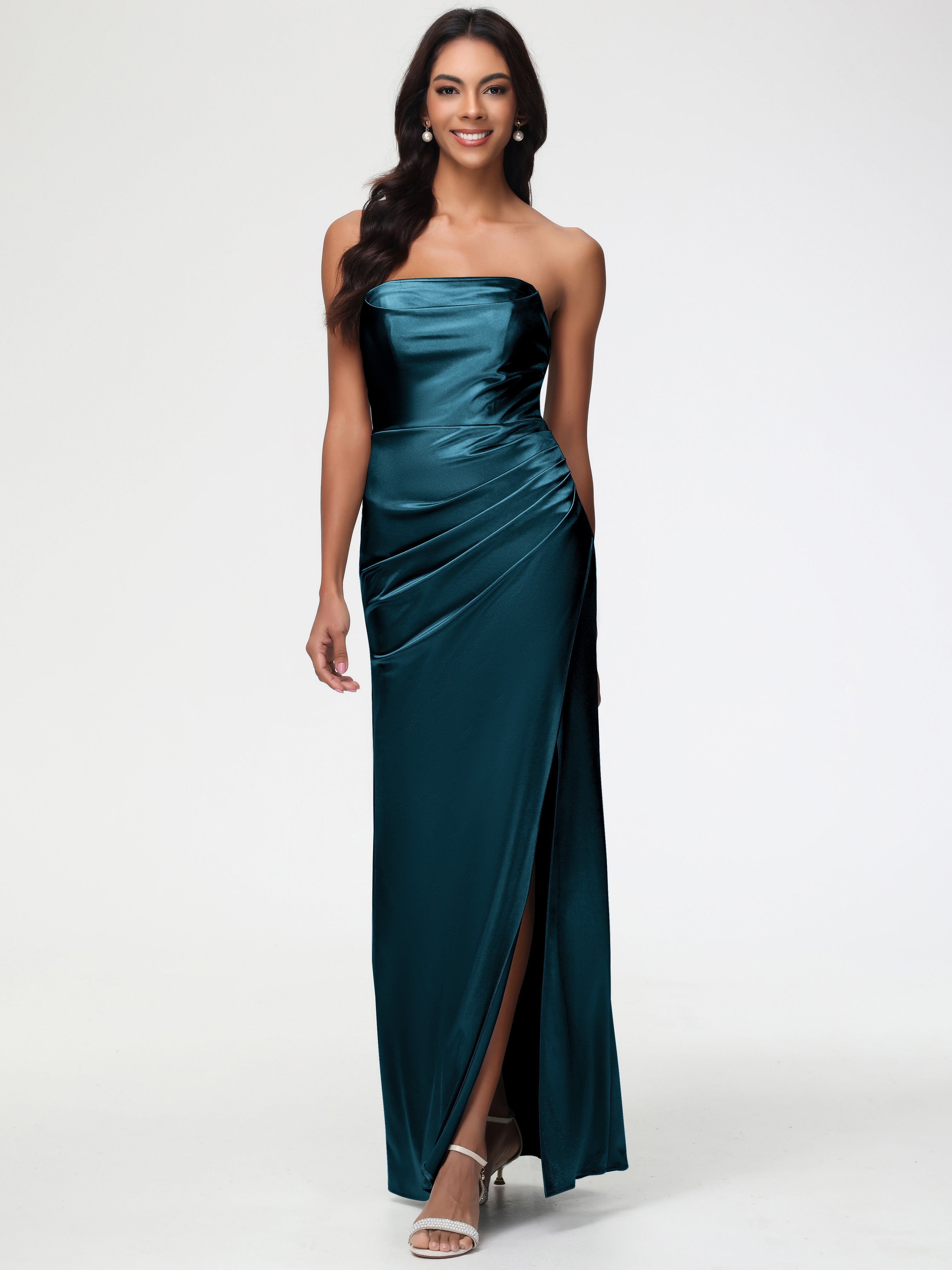 Bridesmaid Dresses Peacock Strapless Sheath/Column Pleats Stretch Satin Bridesmaid Dress With Slit Bridesmaid Dresses Peacock Strapless Sheath/Column Pleats Stretch Satin Bridesmaid Dress With Slit