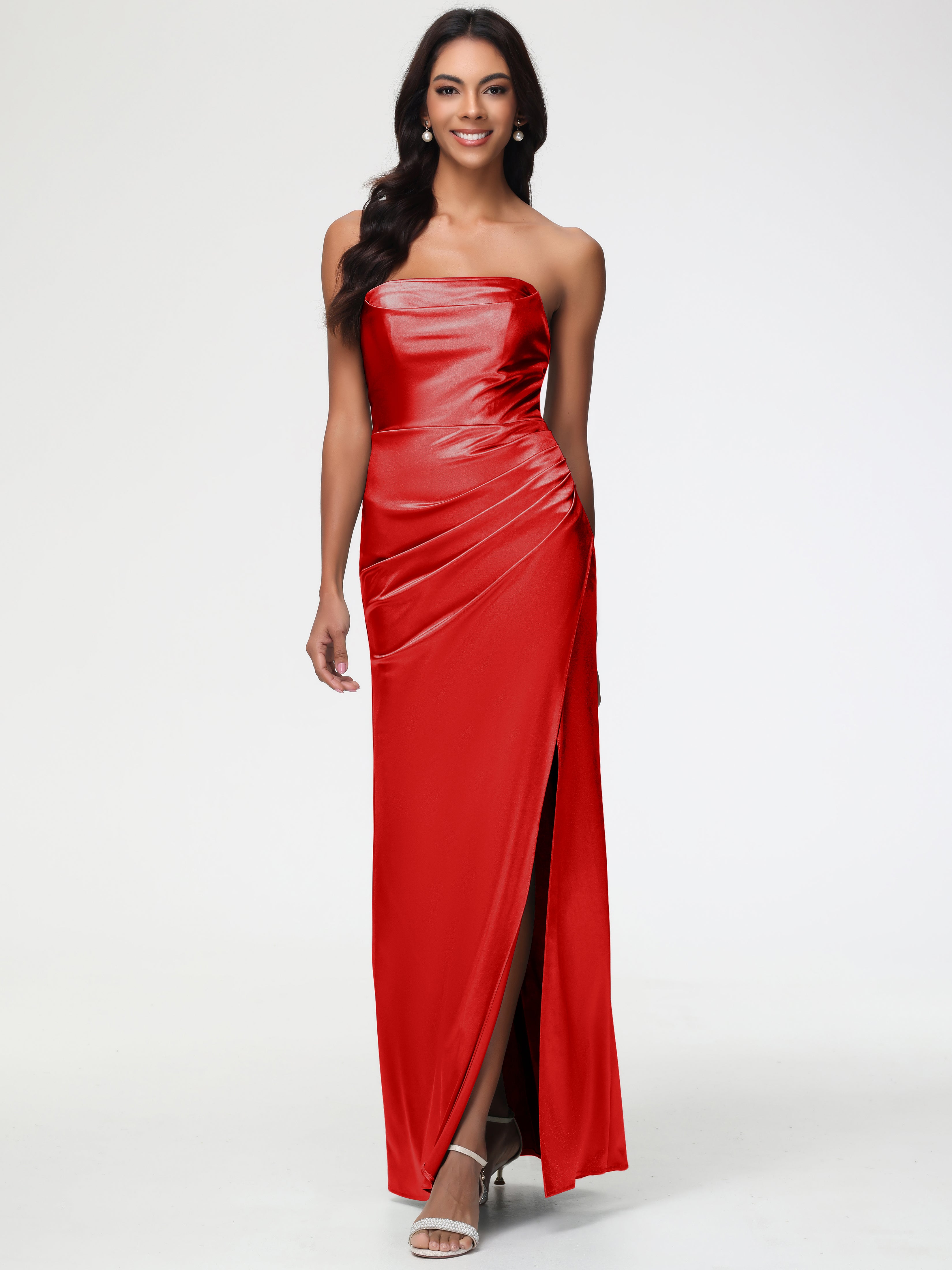 Red Prom Dresses Strapless Sheath/Column Pleats Stretch Satin Prom Dre Red Prom Dresses Strapless Sheath/Column Pleats Stretch Satin Prom Dre