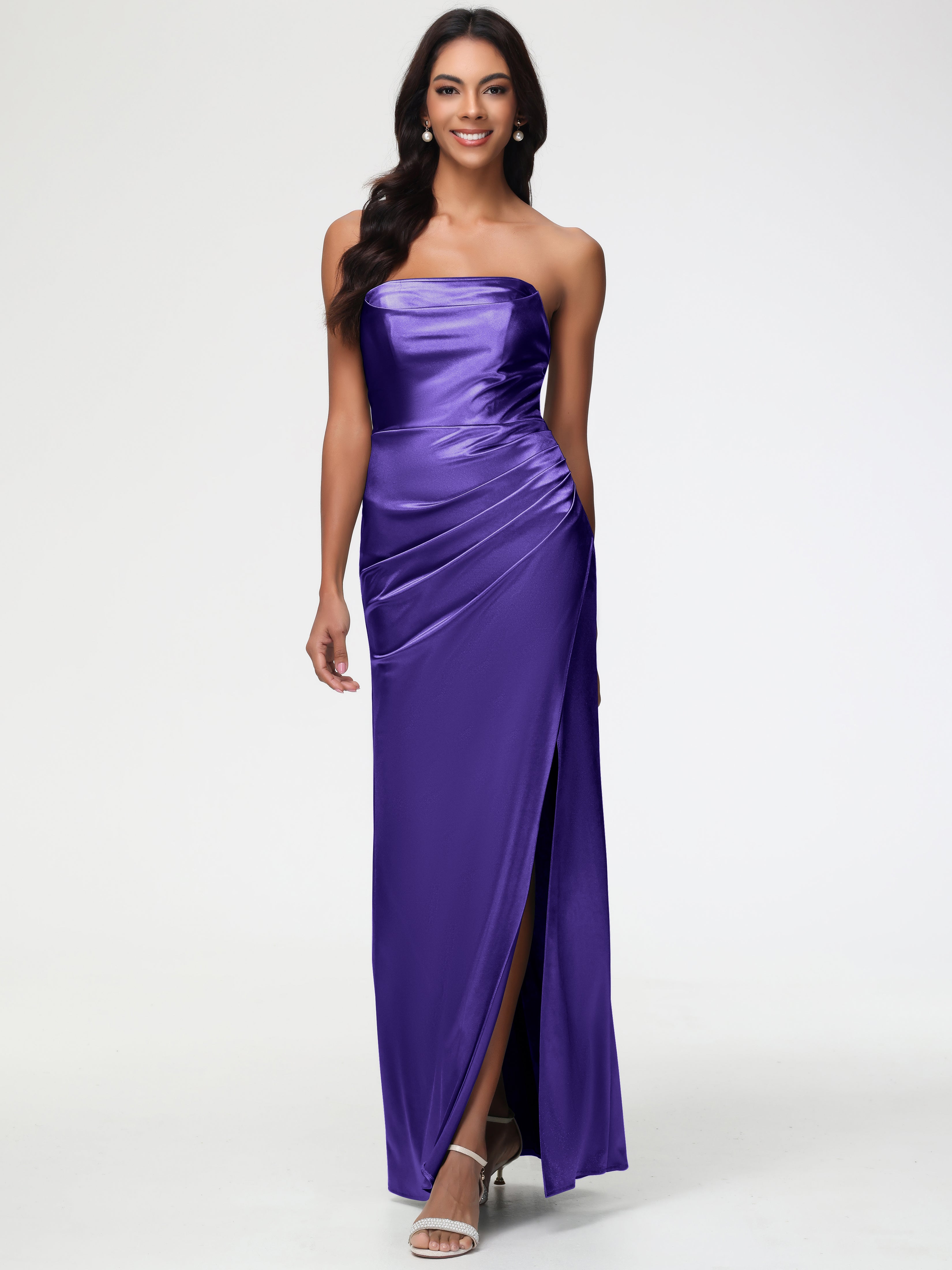 Regency Bridesmaid Dresses Strapless Sheath/Column Pleats Stretch Satin Bridesmaid Dress With Slit Regency Bridesmaid Dresses Strapless Sheath/Column Pleats Stretch Satin Bridesmaid Dress With Slit