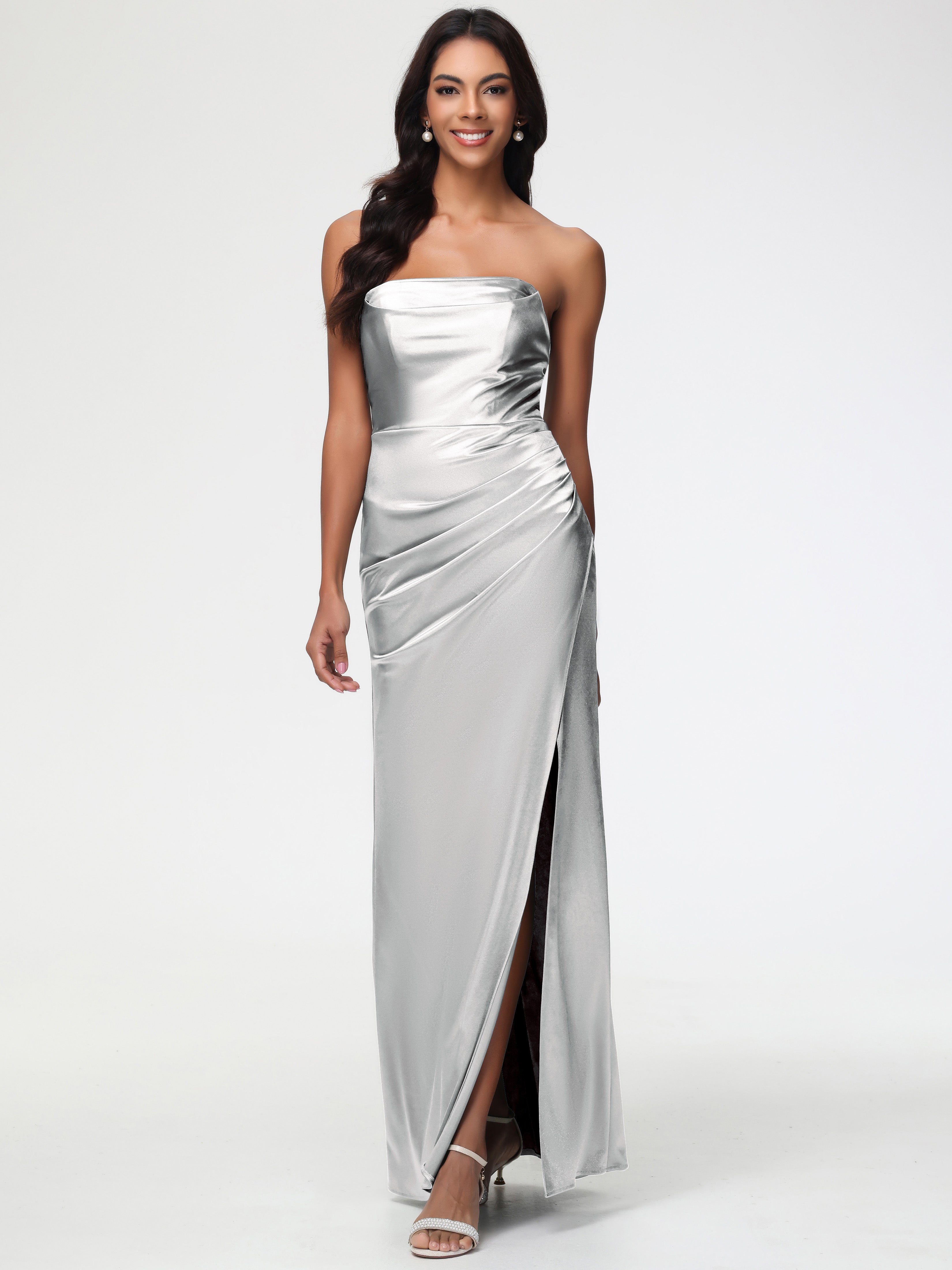 Silver Prom Dresses Strapless Sheath/Column Pleats Stretch Satin Prom Silver Prom Dresses Strapless Sheath/Column Pleats Stretch Satin Prom