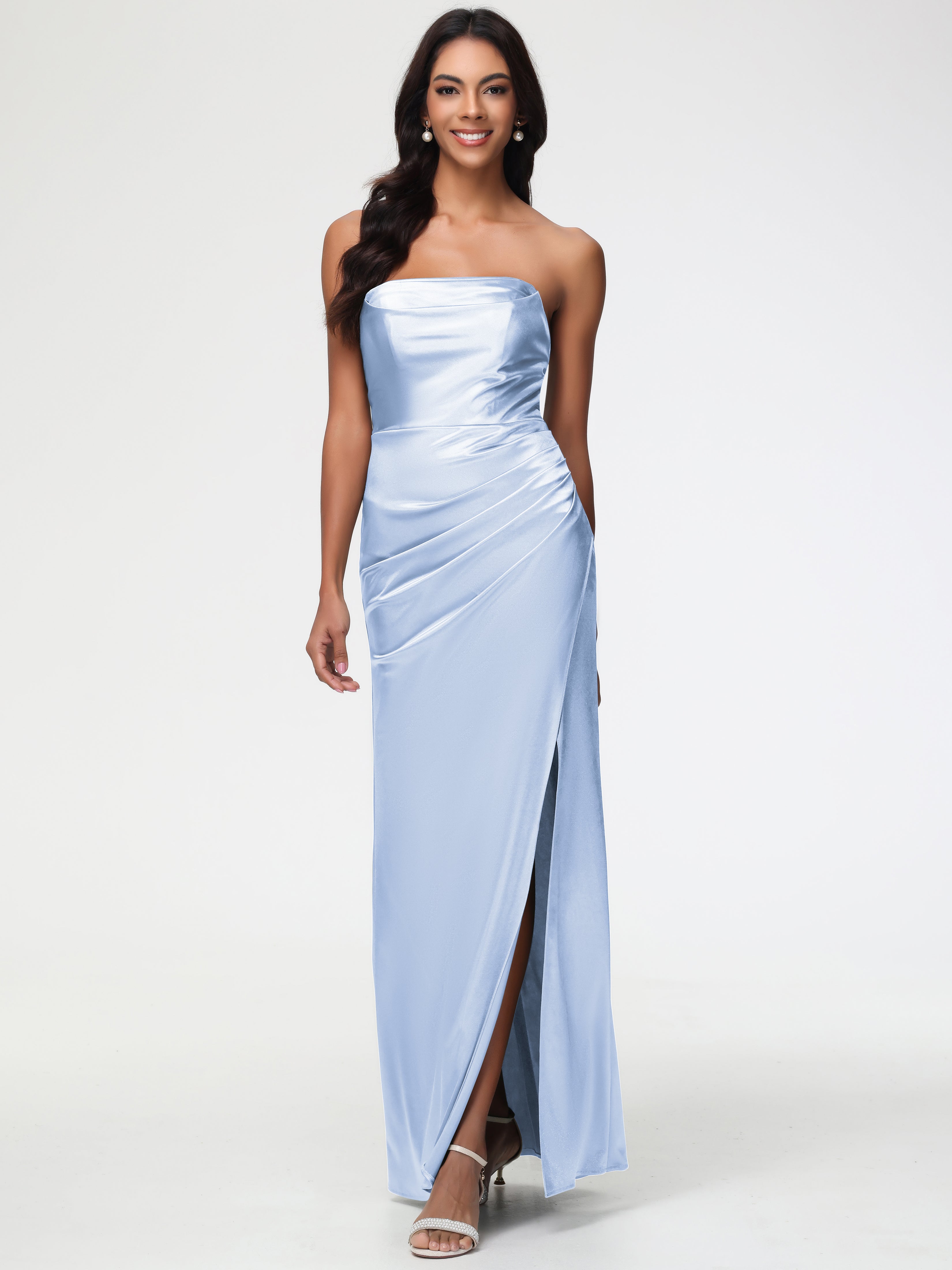 Sky Blue Prom Dress Strapless Sheath/Column Pleats Stretch Satin Prom Sky Blue Prom Dress Strapless Sheath/Column Pleats Stretch Satin Prom