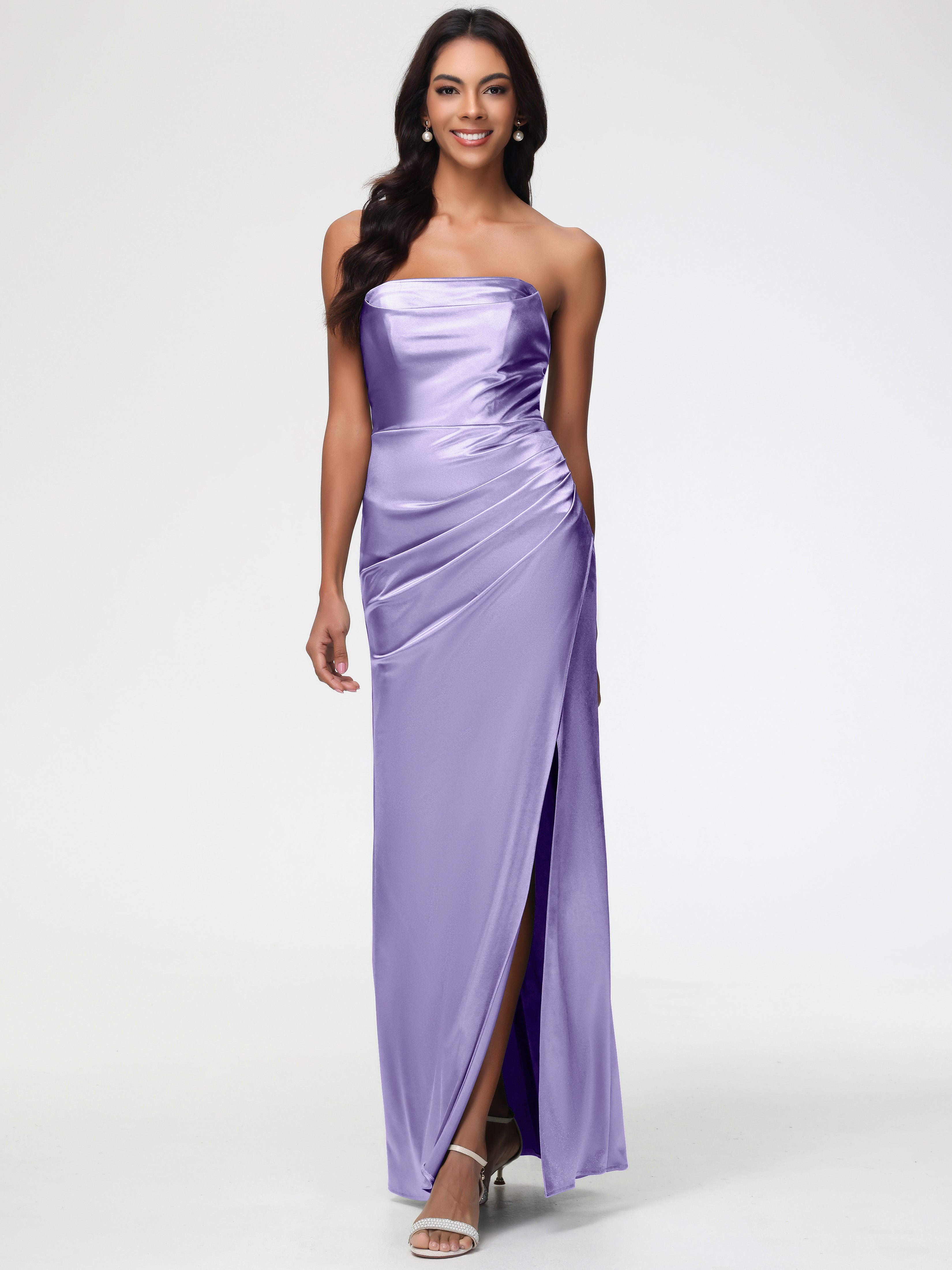 Tahiti Bridesmaid Dresses Strapless Sheath/Column Pleats Stretch Satin Bridesmaid Dress With Slit Tahiti Bridesmaid Dresses Strapless Sheath/Column Pleats Stretch Satin Bridesmaid Dress With Slit