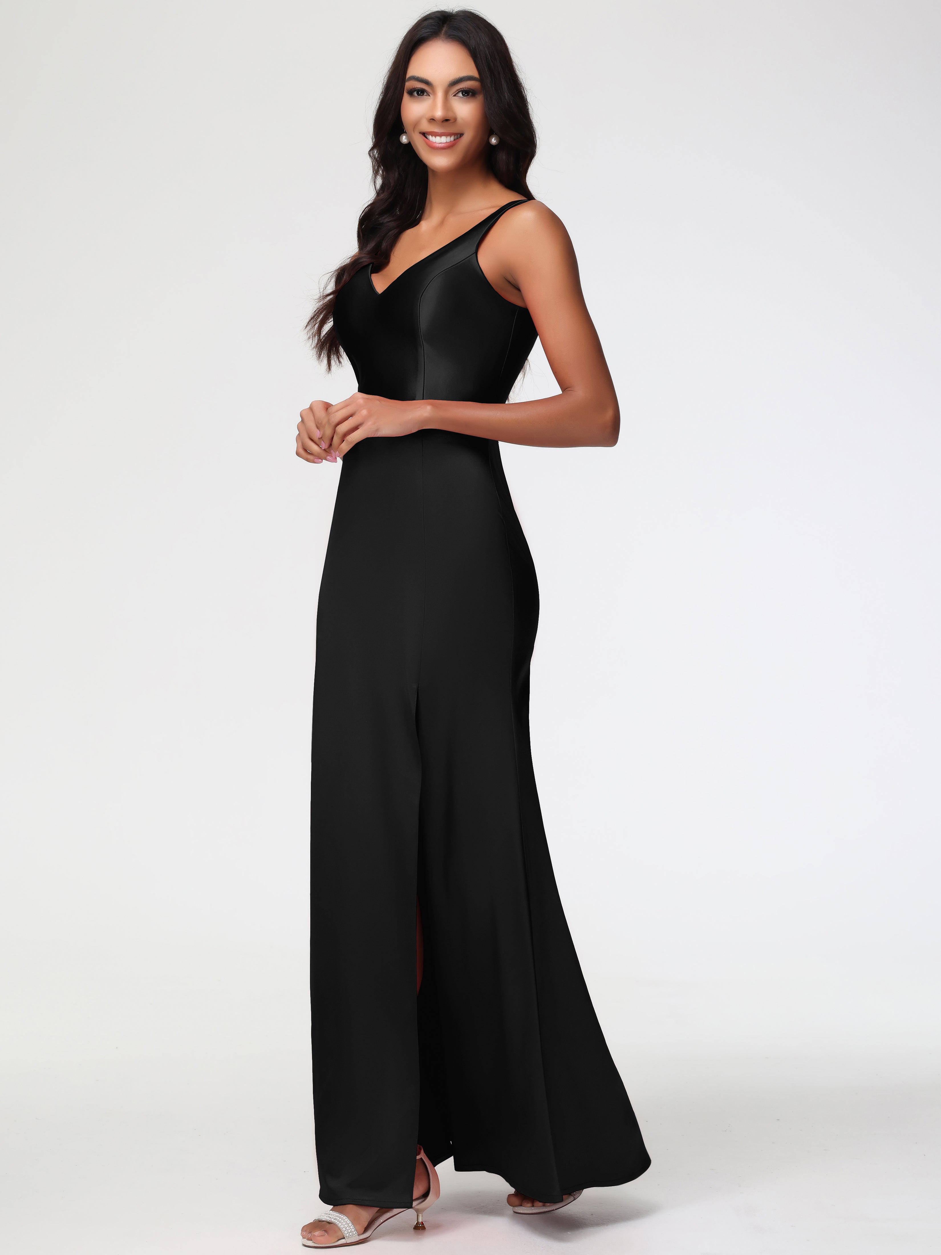 Black Long Bridesmaid Dresses Elegant Sleeveless Sheath/Column V-Neck
