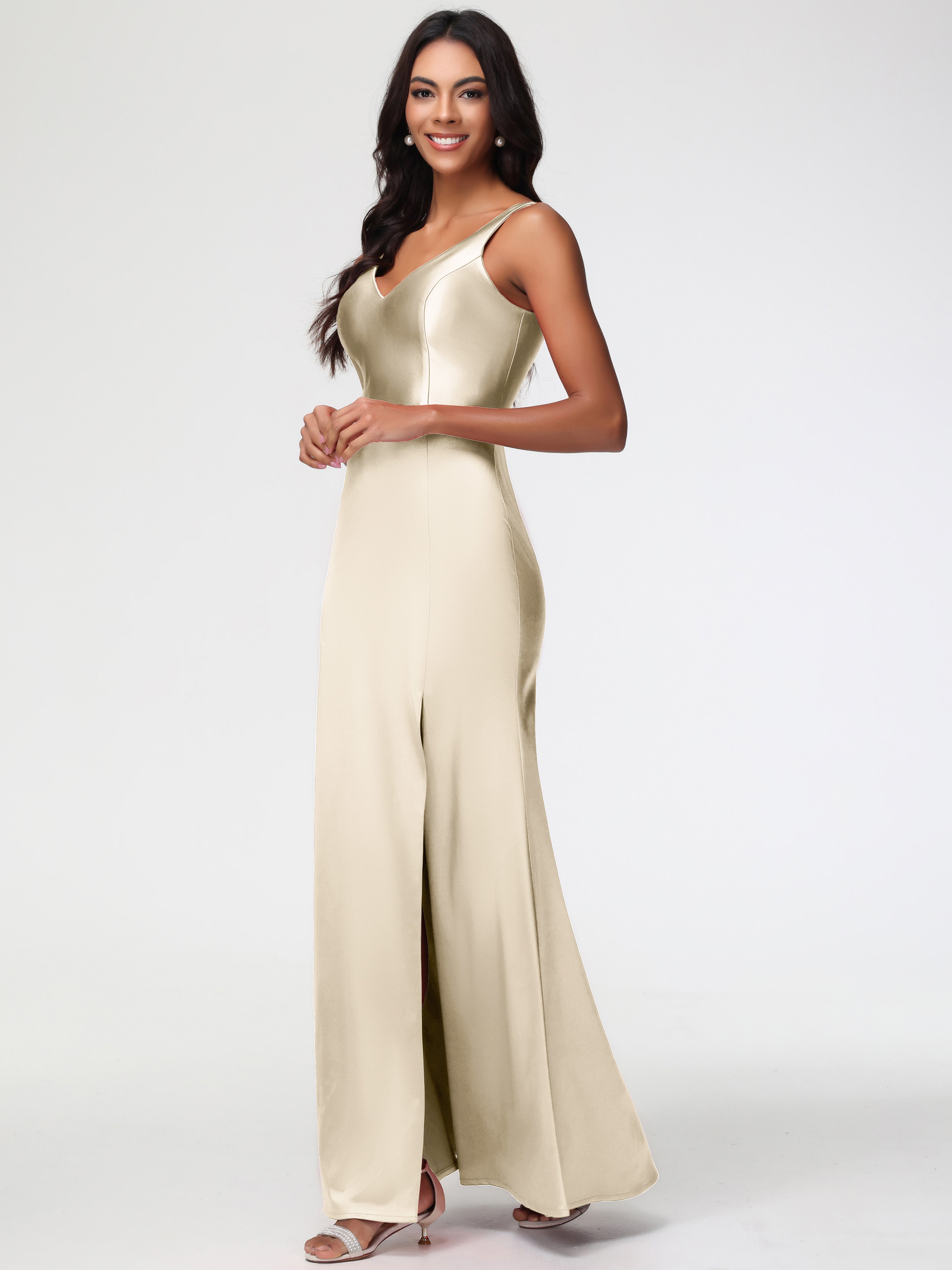 Bridesmaid Dress Champagne Colour Elegant Sleeveless Sheath/Column V-Neck Floor Length Stretch Satin Bridesmaid Dress Bridesmaid Dress Champagne Colour Elegant Sleeveless Sheath/Column V-Neck Floor Length Stretch Satin Bridesmaid Dress