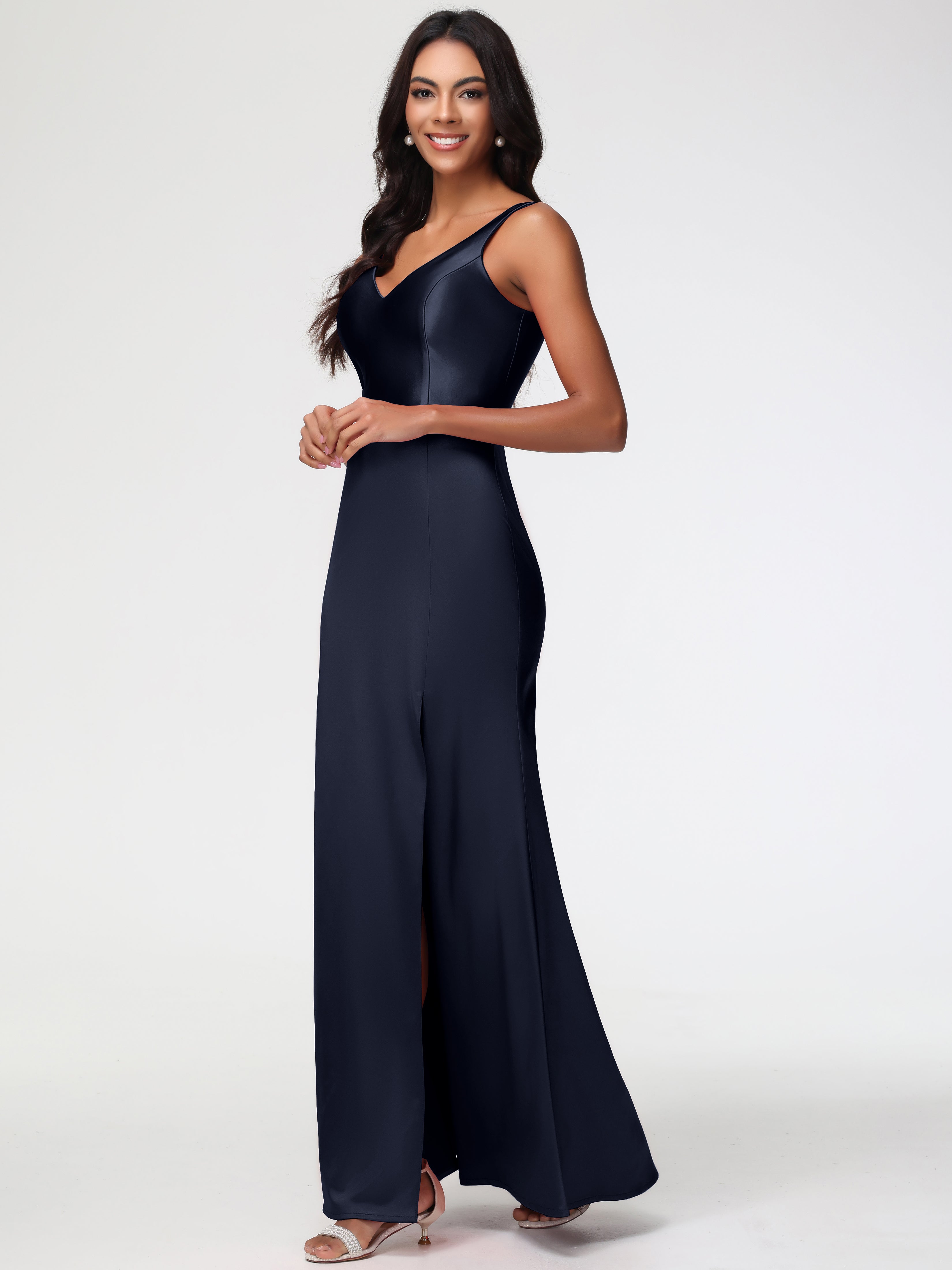 Dark Navy Formal Dresses Elegant Sleeveless Sheath/Column V-Neck Floor Length Stretch Satin Formal Dress Dark Navy Formal Dresses Elegant Sleeveless Sheath/Column V-Neck Floor Length Stretch Satin Formal Dress
