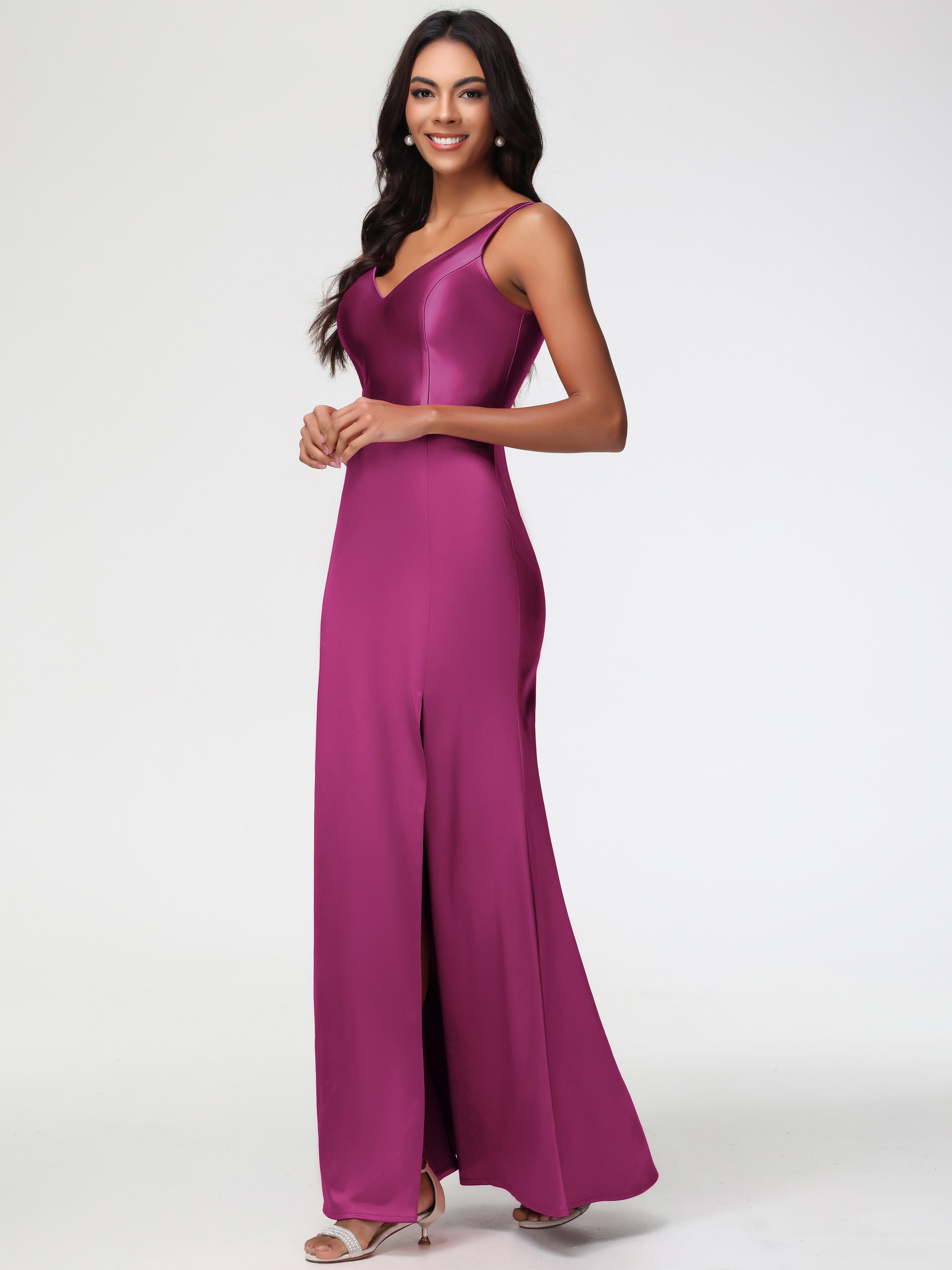 Long Fuchsia Bridesmaid Dresses Elegant Sleeveless Sheath/Column V-Nec Long Fuchsia Bridesmaid Dresses Elegant Sleeveless Sheath/Column V-Nec
