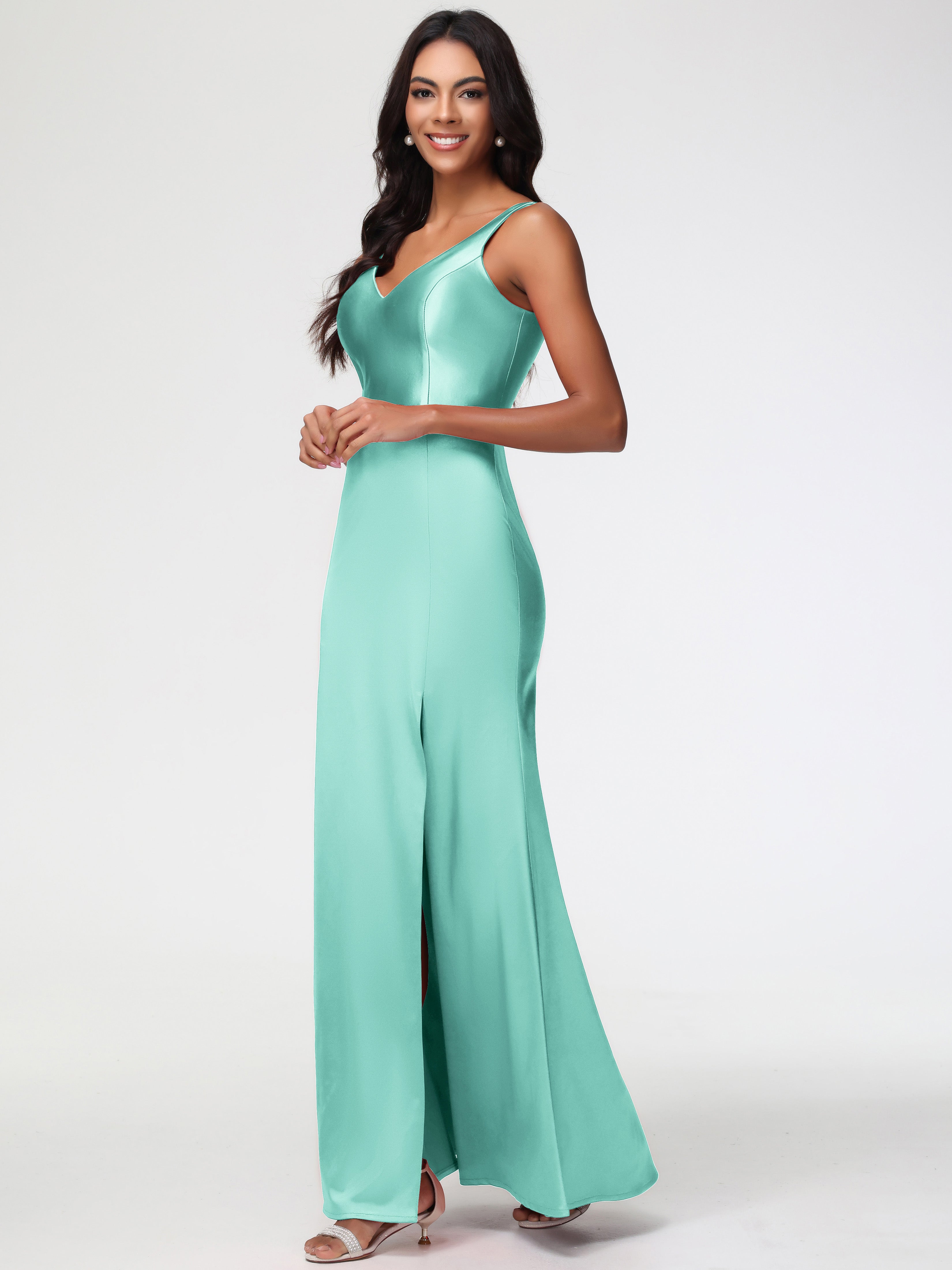 Formal Dresses In Mint Green Elegant Sleeveless Sheath/Column V-Neck Floor Length Stretch Satin Formal Dress Formal Dresses In Mint Green Elegant Sleeveless Sheath/Column V-Neck Floor Length Stretch Satin Formal Dress