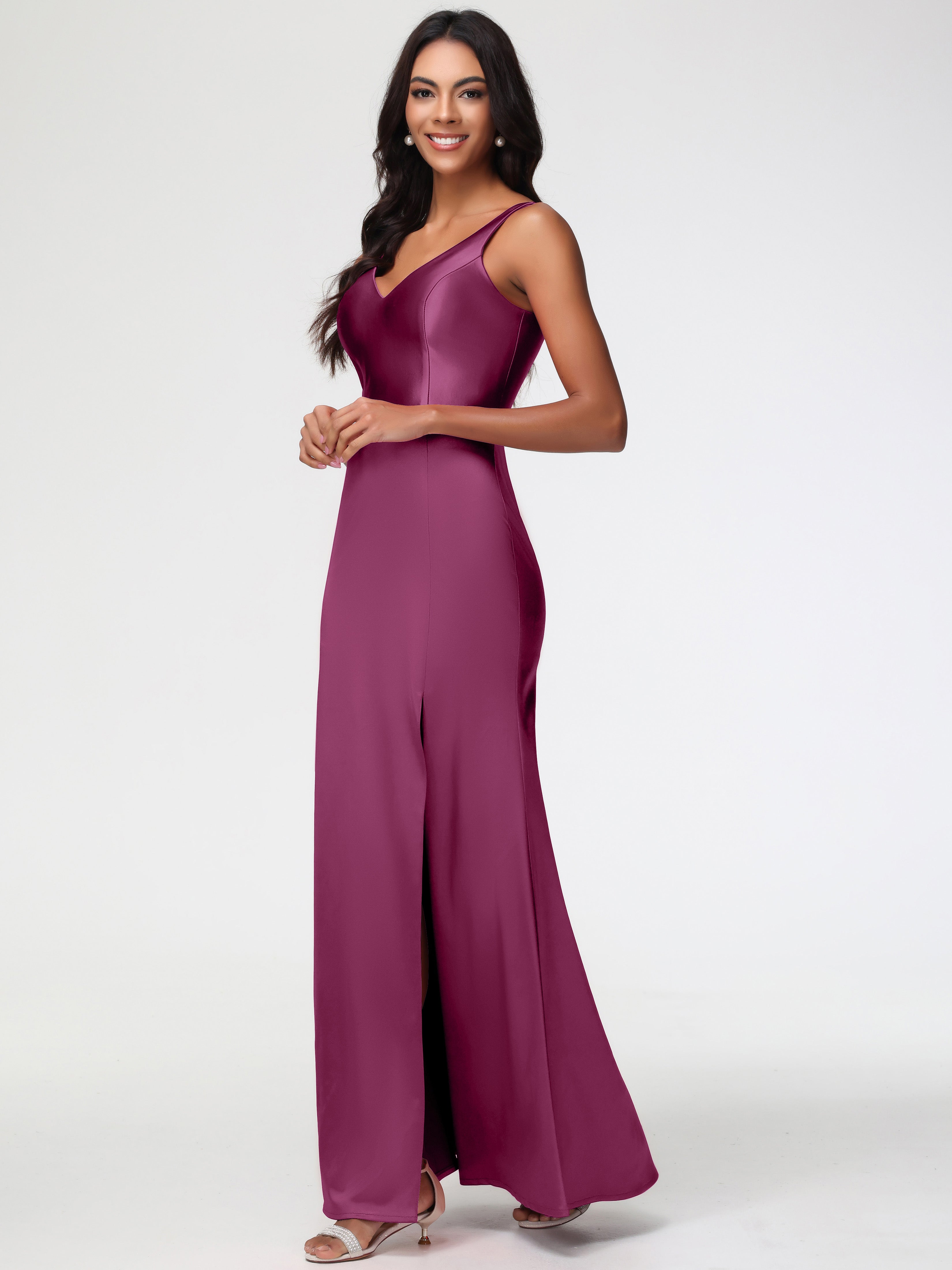 Mulberry Formal Dress Elegant Sleeveless Sheath/Column V-Neck Floor Length Stretch Satin Formal Dress Mulberry Formal Dress Elegant Sleeveless Sheath/Column V-Neck Floor Length Stretch Satin Formal Dress