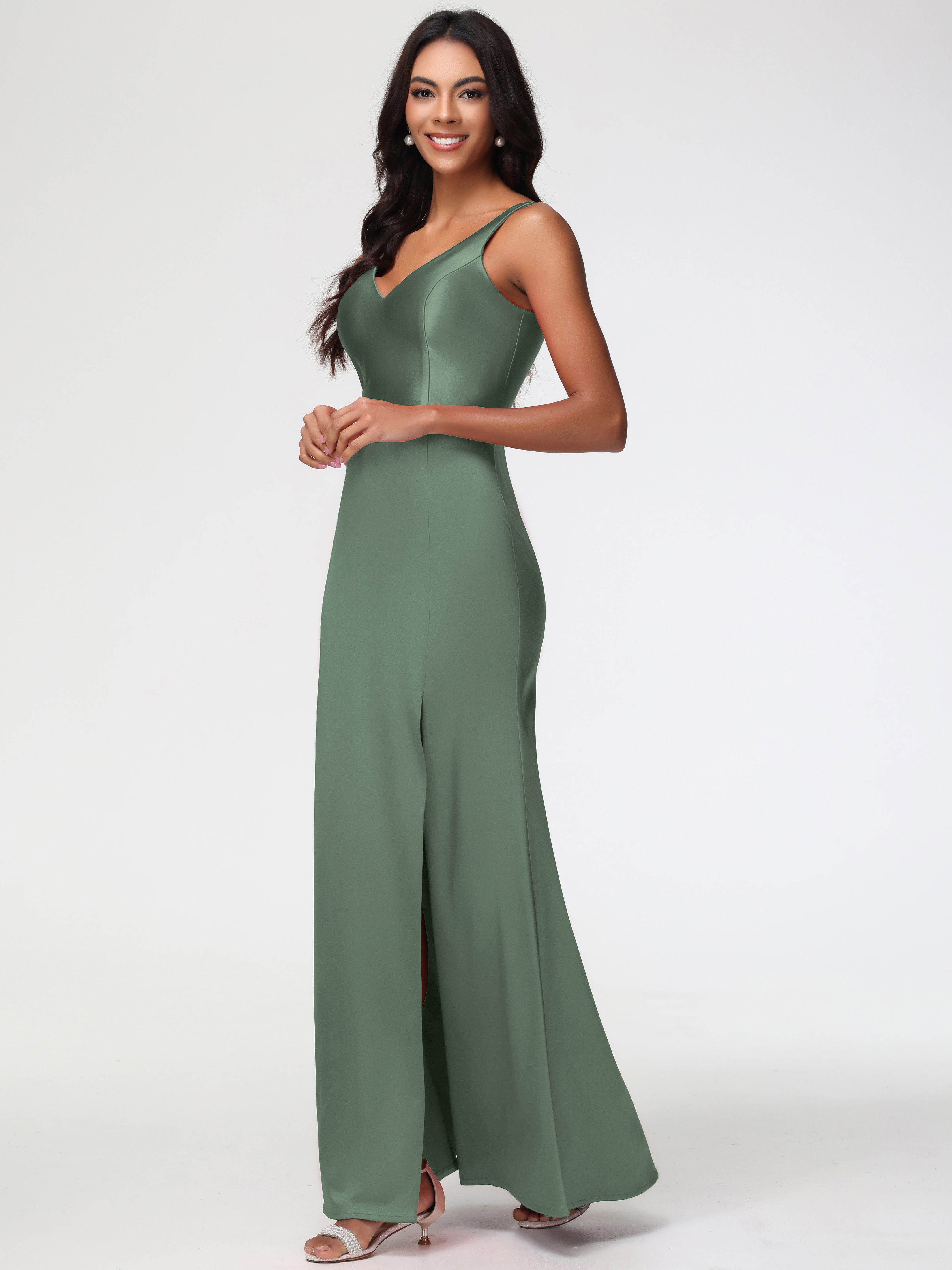 Olive Green Dresses For Bridesmaids Elegant Sleeveless Sheath/Column V