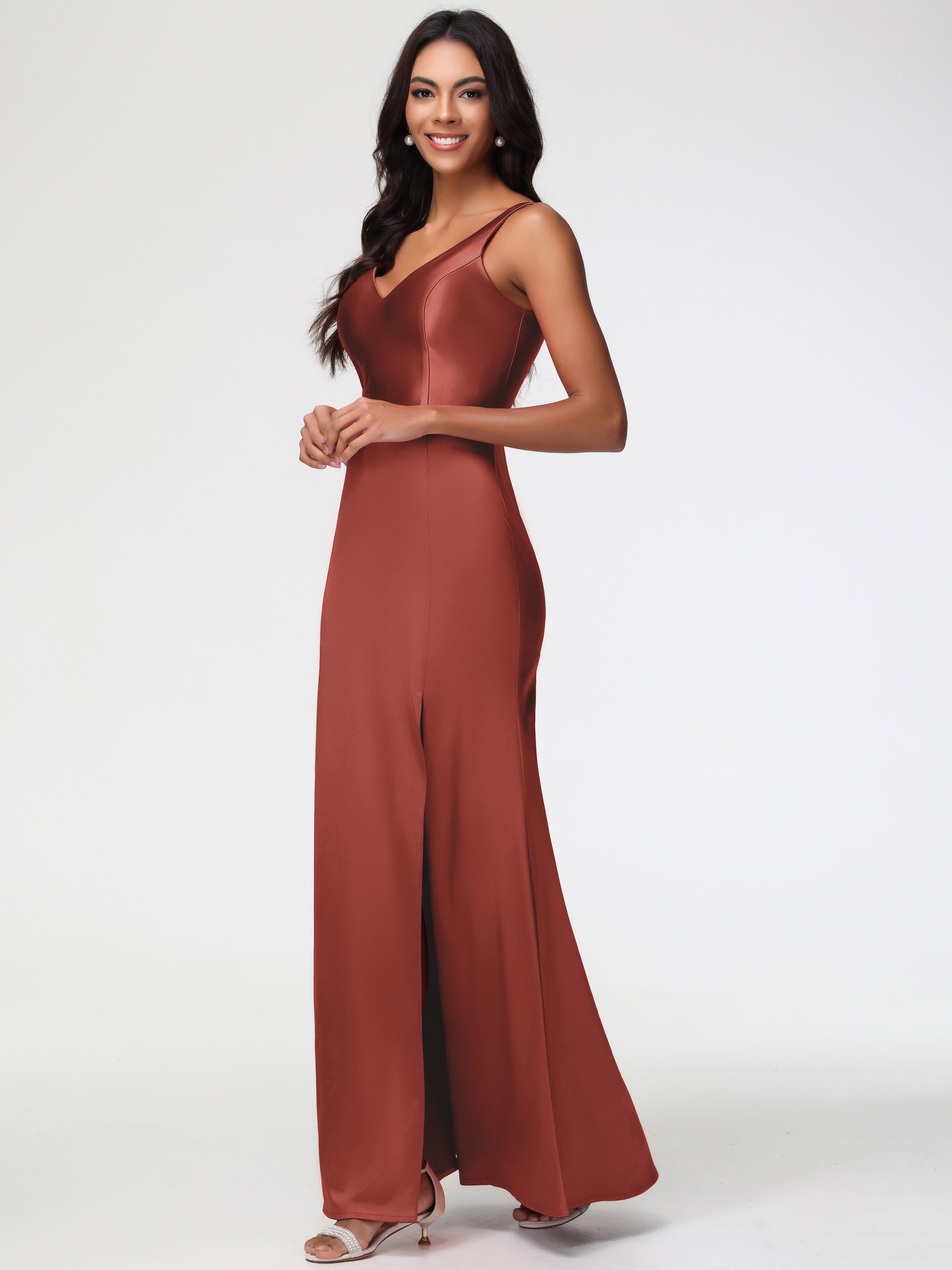 Rust Color Formal Elegant Sleeveless Sheath/Column V-Neck Floor Length Stretch Satin Formal Dress Rust Color Formal Elegant Sleeveless Sheath/Column V-Neck Floor Length Stretch Satin Formal Dress
