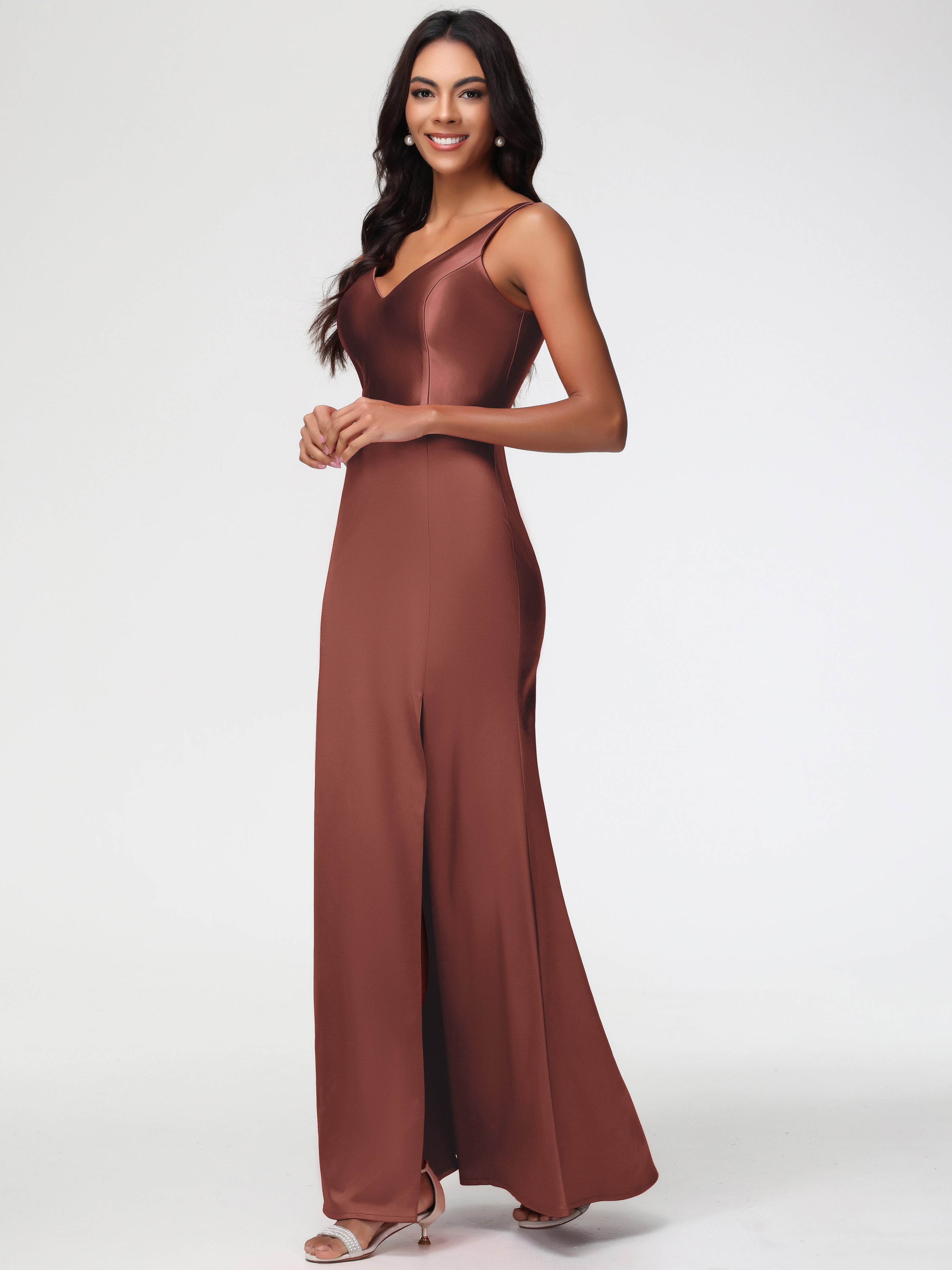 Bridesmaid Dress Terracotta Elegant Sleeveless Sheath/Column V-Neck Floor Length Stretch Satin Bridesmaid Dress Bridesmaid Dress Terracotta Elegant Sleeveless Sheath/Column V-Neck Floor Length Stretch Satin Bridesmaid Dress