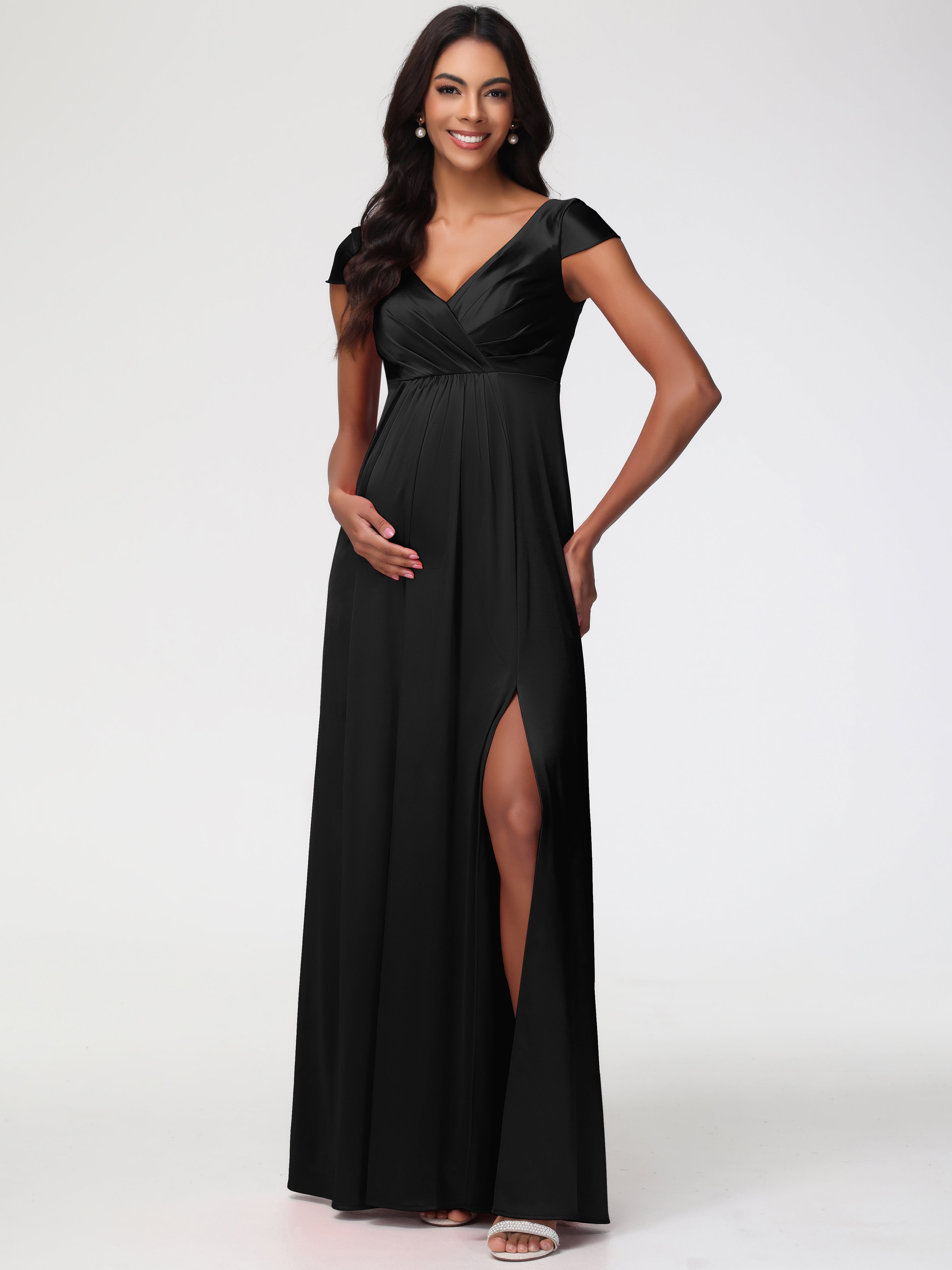 Black Dress Prom V-Neck Minimalist Cap Sleeves A Line Stretch Satin Pr Black Dress Prom V-Neck Minimalist Cap Sleeves A Line Stretch Satin Pr