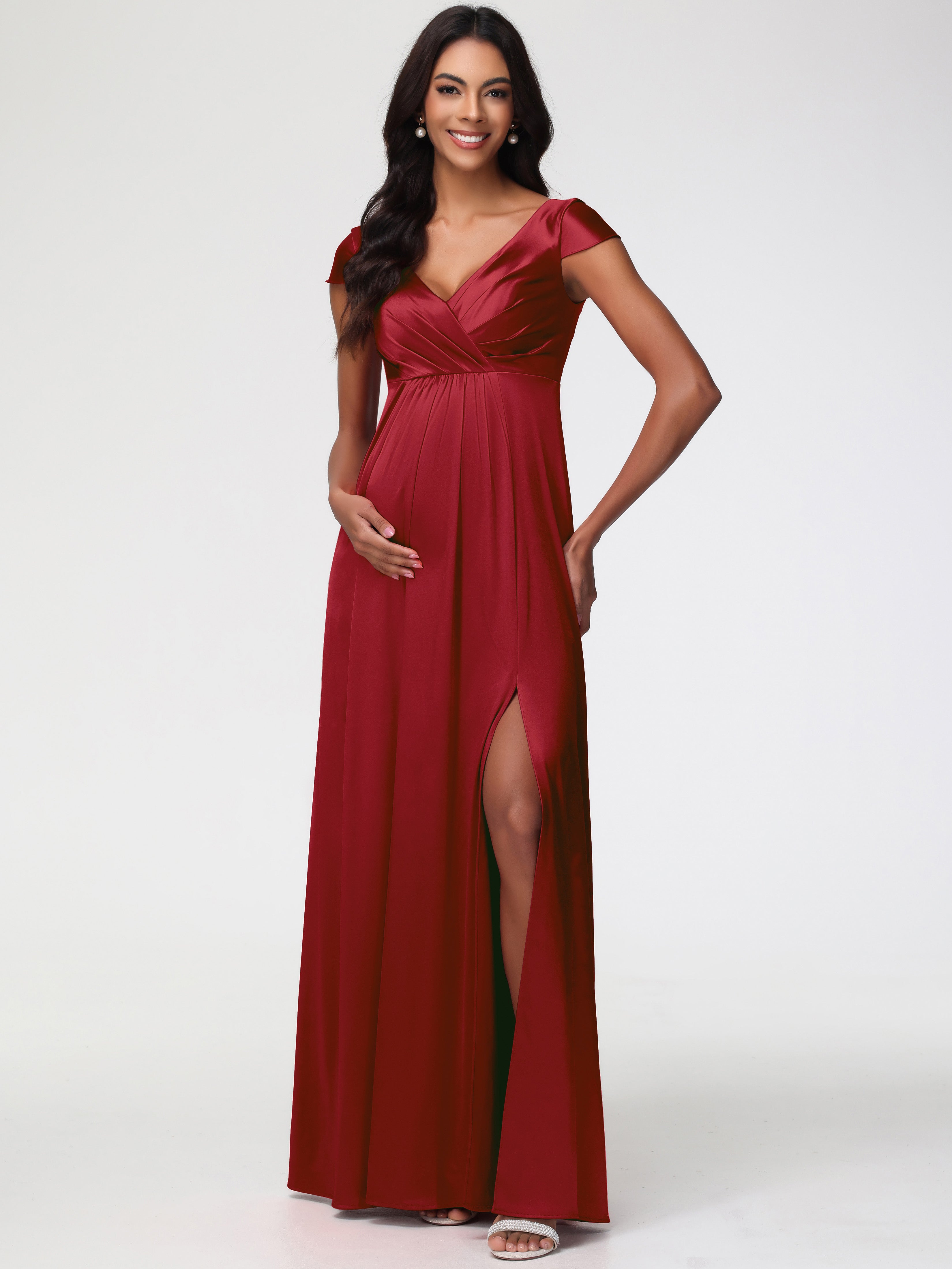 Burgundy Formal Dresses V-Neck Minimalist Cap Sleeves A Line Stretch Satin Formal Dress Burgundy Formal Dresses V-Neck Minimalist Cap Sleeves A Line Stretch Satin Formal Dress