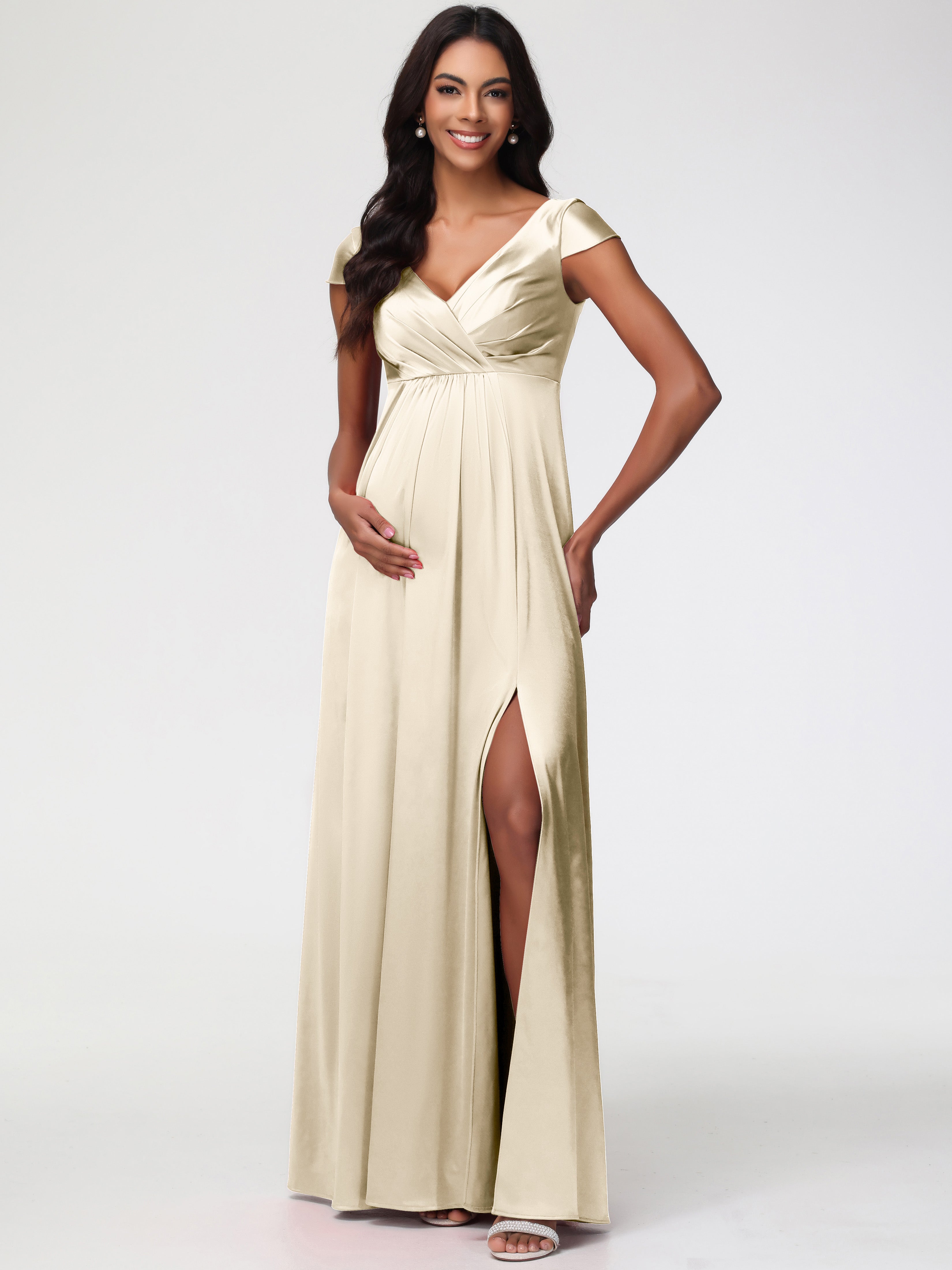 Champagne Bridesmaid Dresses Modest V-Neck Minimalist Cap Sleeves A Line Stretch Satin Bridesmaid Dress Champagne Bridesmaid Dresses Modest V-Neck Minimalist Cap Sleeves A Line Stretch Satin Bridesmaid Dress