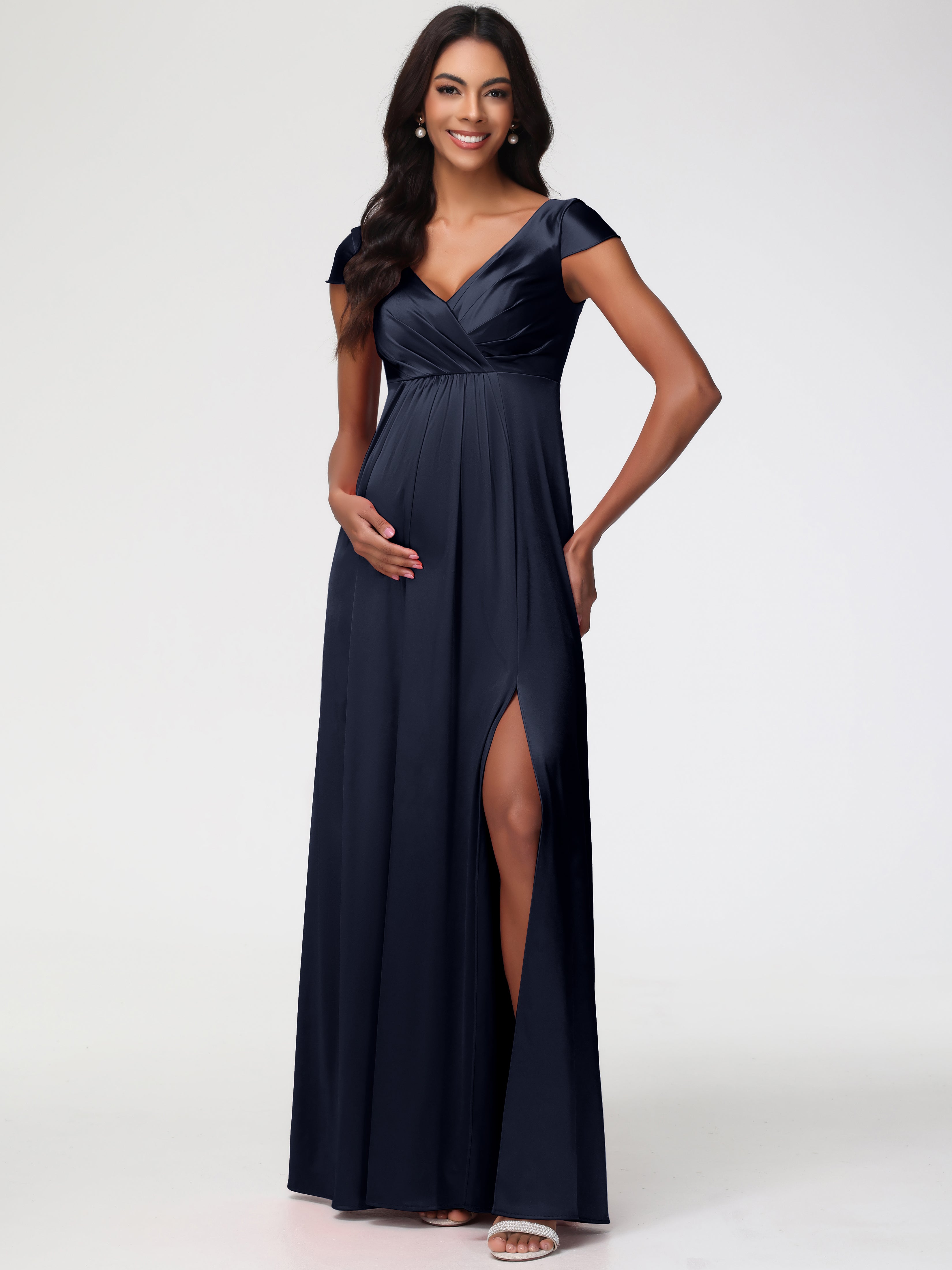 Dark Navy Formal Dress V-Neck Minimalist Cap Sleeves A Line Stretch Satin Formal Dress Dark Navy Formal Dress V-Neck Minimalist Cap Sleeves A Line Stretch Satin Formal Dress